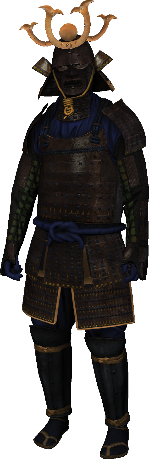 Samurai Art 桌布 壁紙 — 一名身穿深棕色和藍色全套盔甲、帶金色裝飾的武士戰士站在黑色背景前。