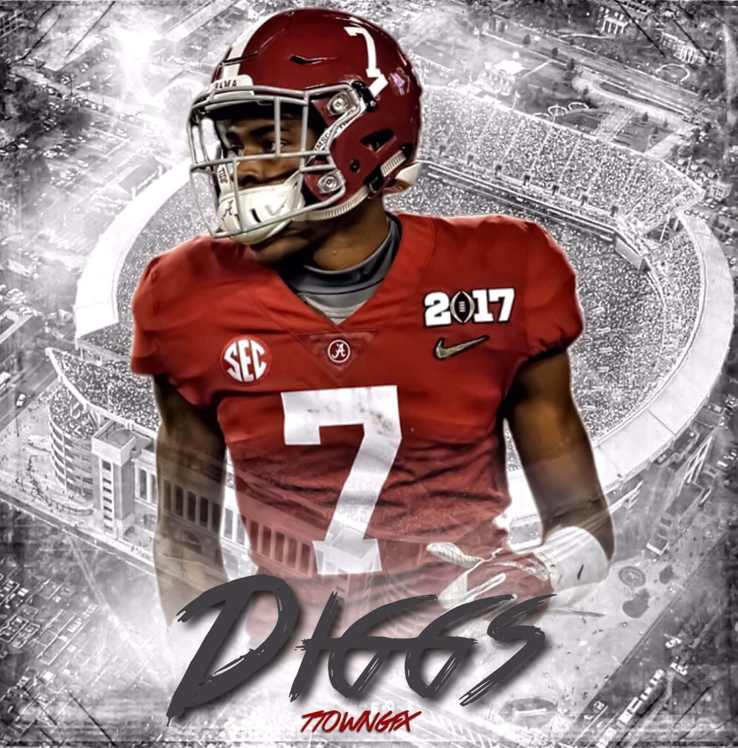 Trevon Diggs 桌布 壁紙 — 一名身穿深紅色球衣、號碼7的足球員站在充滿球迷的黑白球場前。