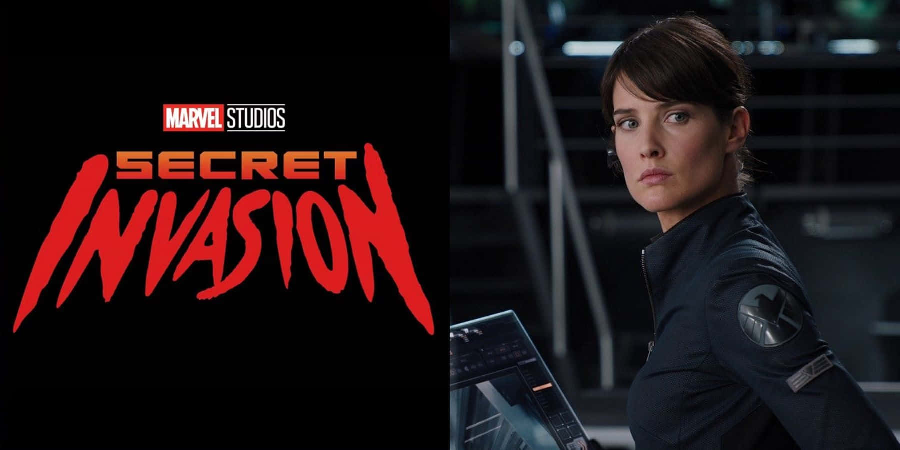 Secret Invasion 桌布 壁紙 — 一名身穿深色S.H.I.E.L.D.制服的女人在高科技控制室裡站在紅色的「Secret Invasion」Marvel Studios標誌旁邊保持警覺。