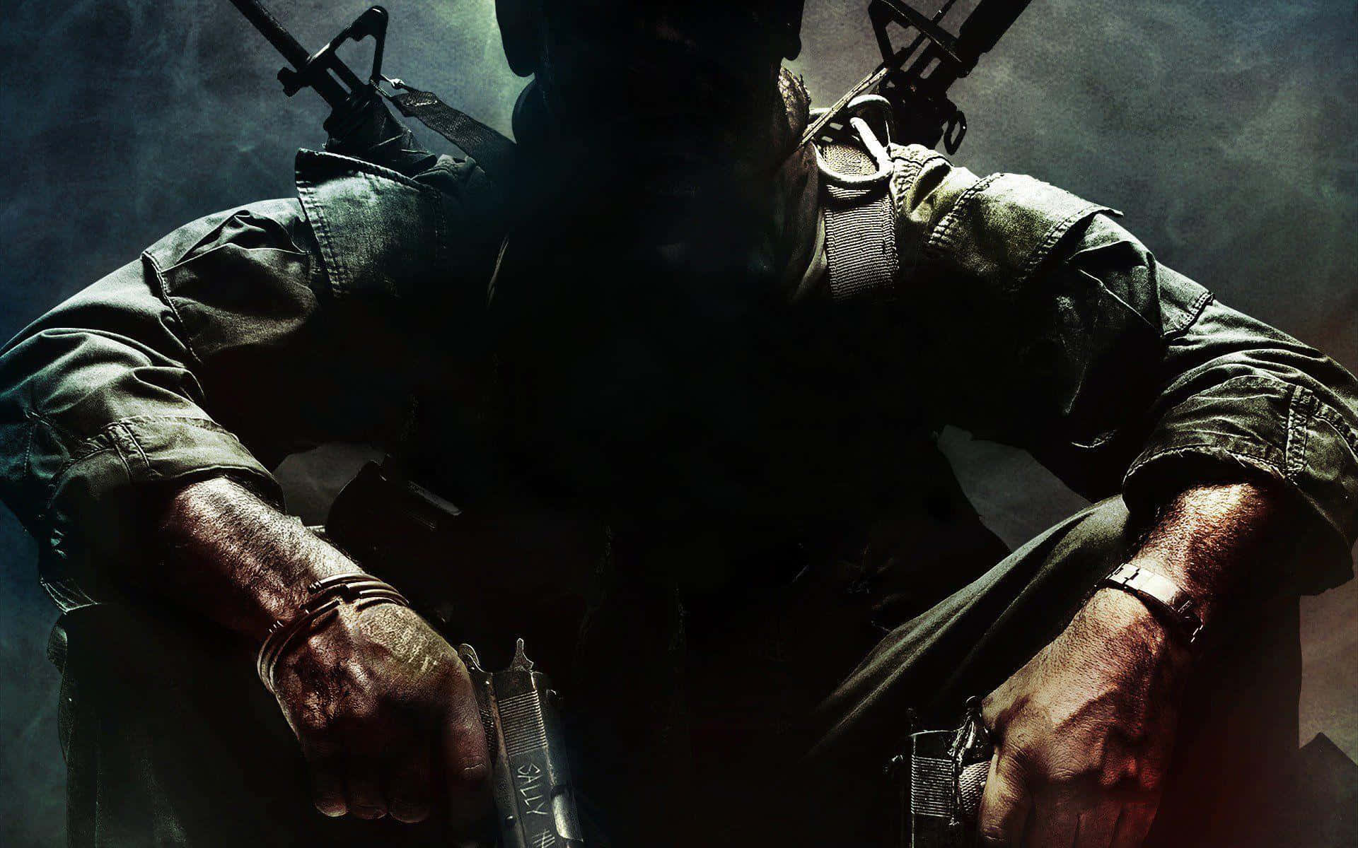 Black Ops 桌布 壁紙 — 一名身穿深色制服的士兵在煙霧瀰漫、燈光昏暗的場景中，手持兩把手槍，光線極具戲劇性。