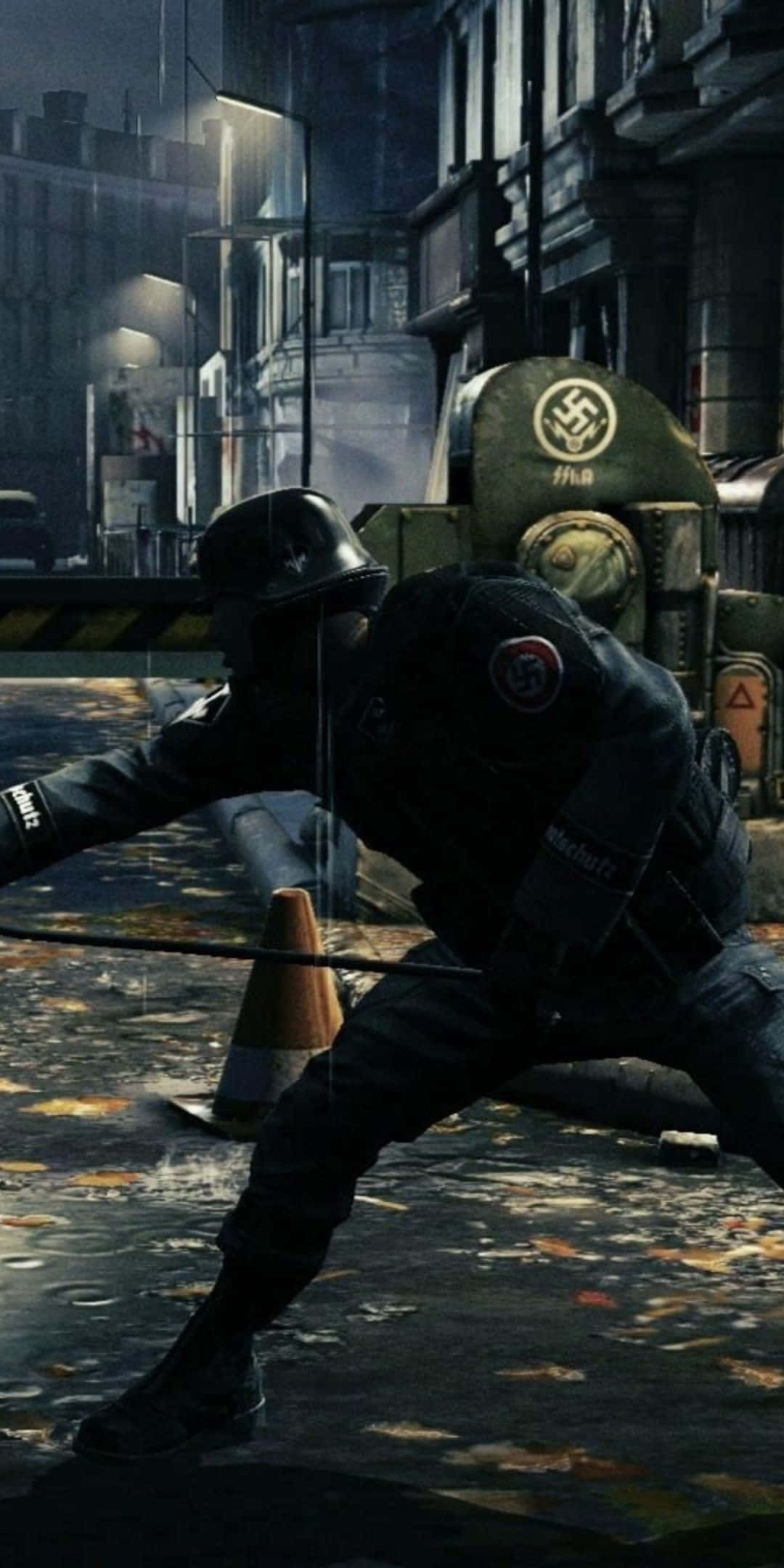 Pixel 3 Wolfenstein Ii 桌布 壁紙 — 一名身穿深色制服的士兵在雨夜的都市小巷中蹲在軍車旁，頭頂是閃爍的路燈。