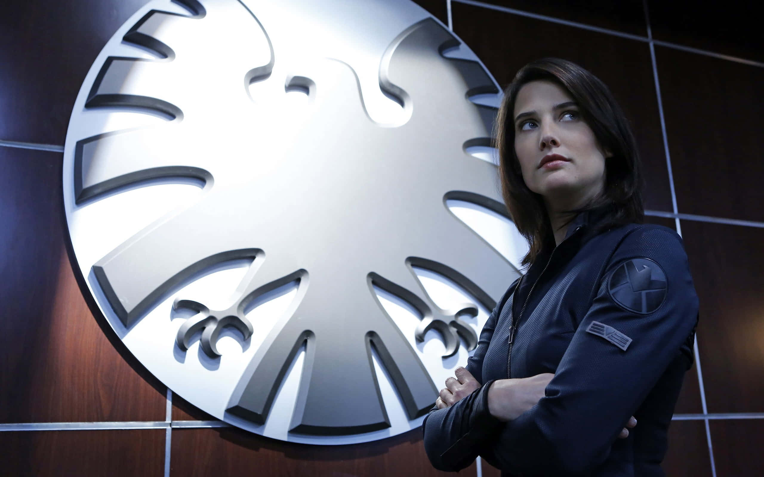 Cobie Smulders 桌布 壁紙 — 一名身穿深色制服的女人交叉雙臂站在木牆上一個發光的銀色盾牌徽章前面。