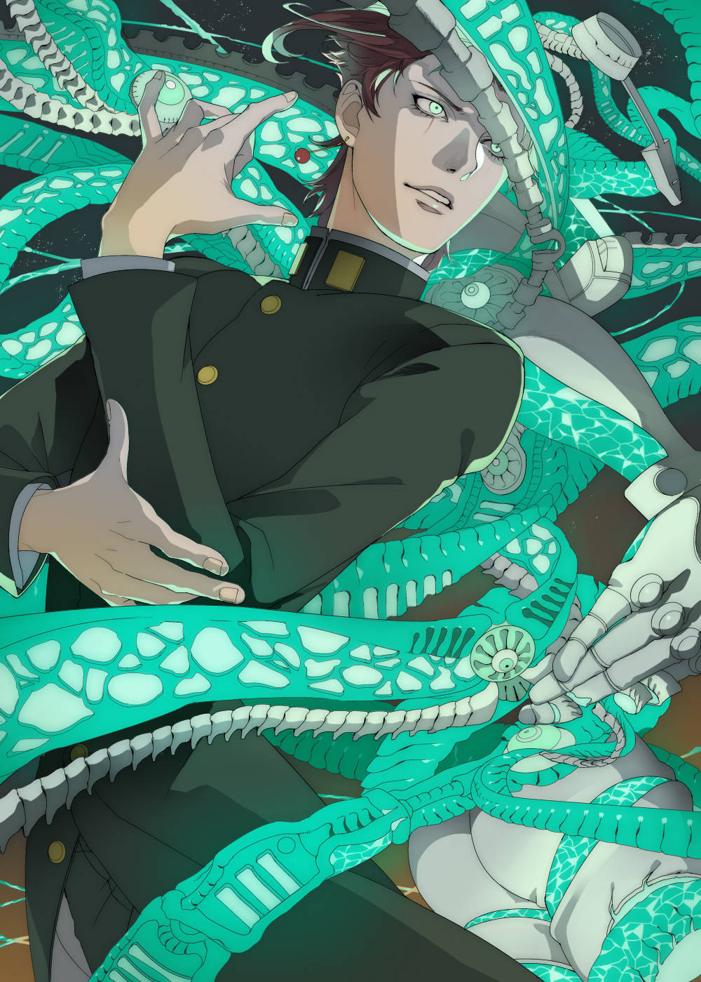 Jojo Phone 桌布 壁紙 — 一名身穿深色制服的年輕男子在風格化的動漫場景中被發光的青綠色機械觸手包圍。