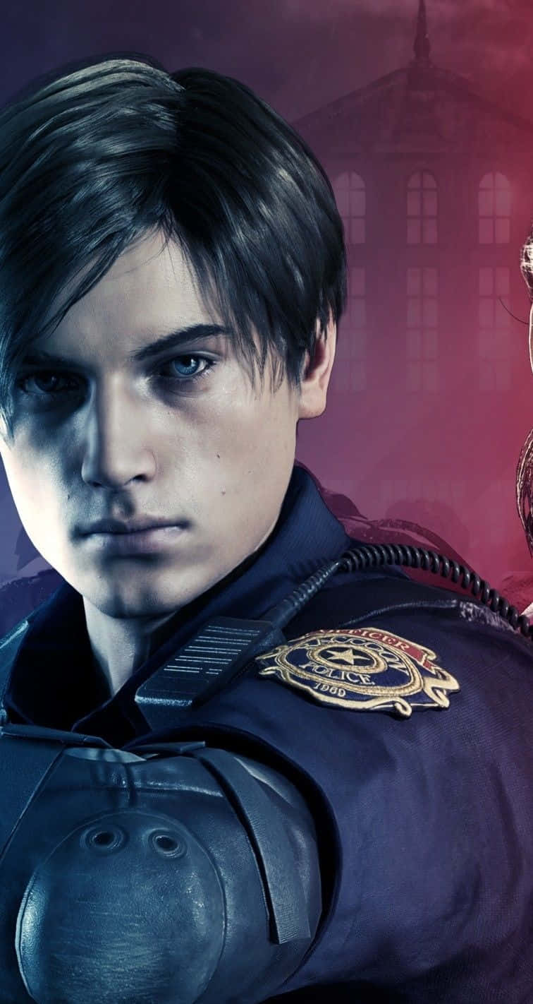 Resident Evil iPhone 桌布 壁紙 — 一名身穿深色制服的年輕警察，在紅色的哥德式建築背景下凝視著。