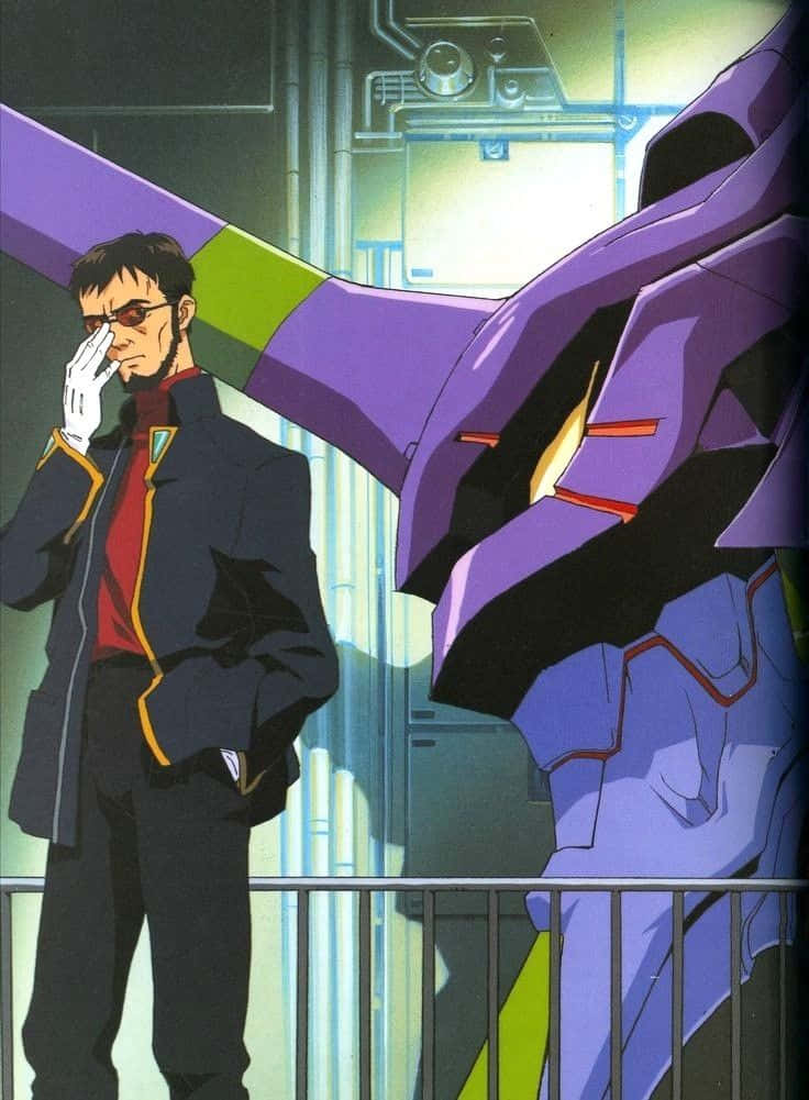 Gendo Ikari 桌布 壁紙 — 一名身穿深色制服的男人站在未來工業環境中，旁邊是一座高聳的紫色機甲。