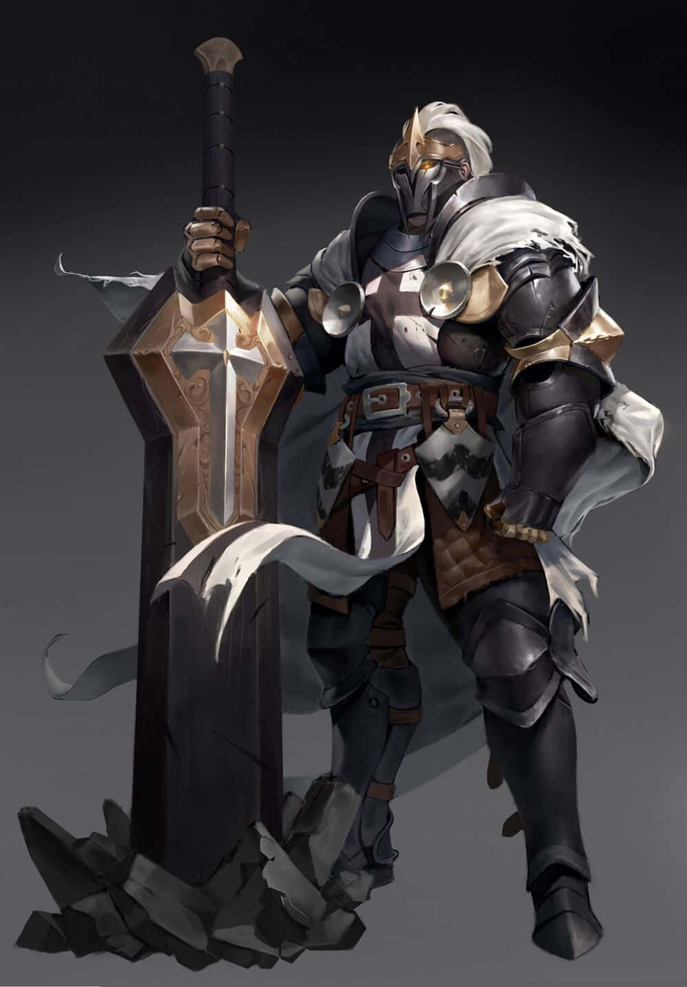 Crusader 桌布 壁紙 — 一名身穿深色和金色板甲的重裝騎士，手持一把嵌入石中的巨大華麗劍，擺好姿勢。