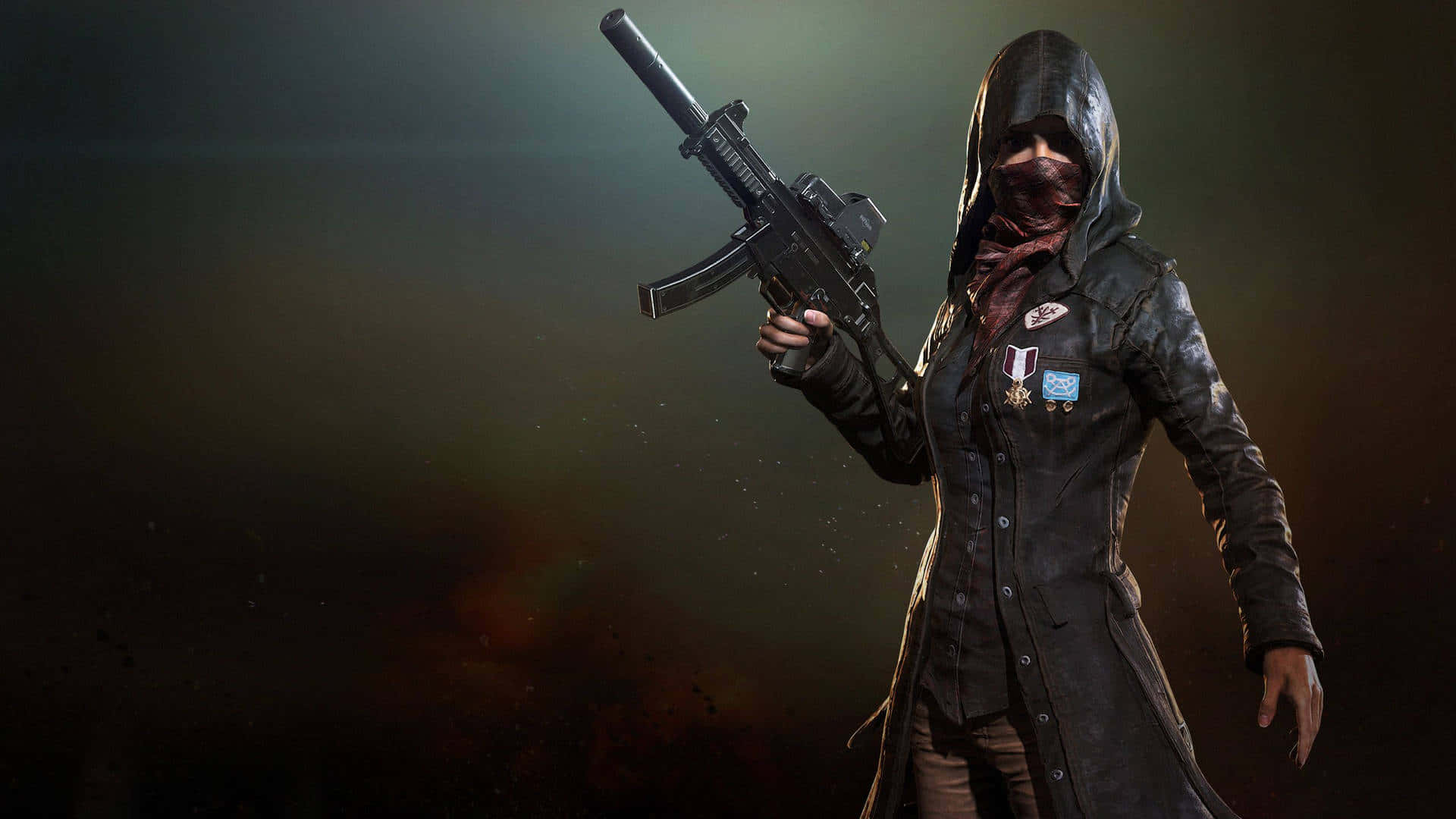 pubg 4K gaming 桌布 壁紙 — 一名身穿深色外套的戴帽士兵，在煙霧瀰漫、燈光昏暗的背景中手持步槍。
