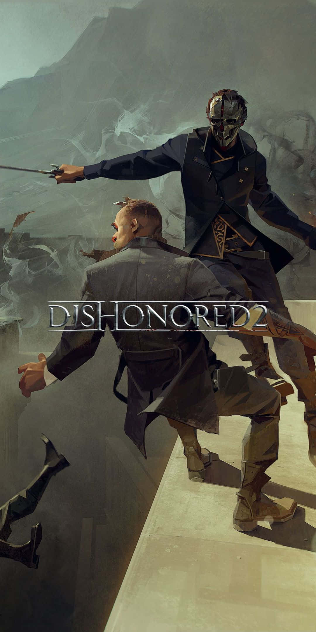 Pixel 3 Dishonored 2 桌布 壁紙 — 一名身穿深色外套的蒙面刺客，在霧氣瀰漫的屋頂上，向一名穿著風衣的男子揮刀猛撲，俯瞰著 crumbling 的城市景觀。