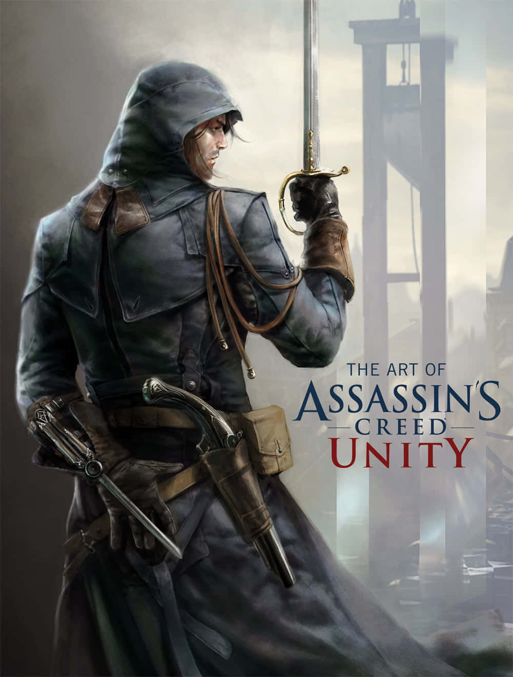 Assassin's Creed Unity 桌布 壁紙 — 一名身穿深色外套的蒙面刺客，在霧氣瀰漫的巴黎斷頭台背景下，手持劍和隱藏刀刃。