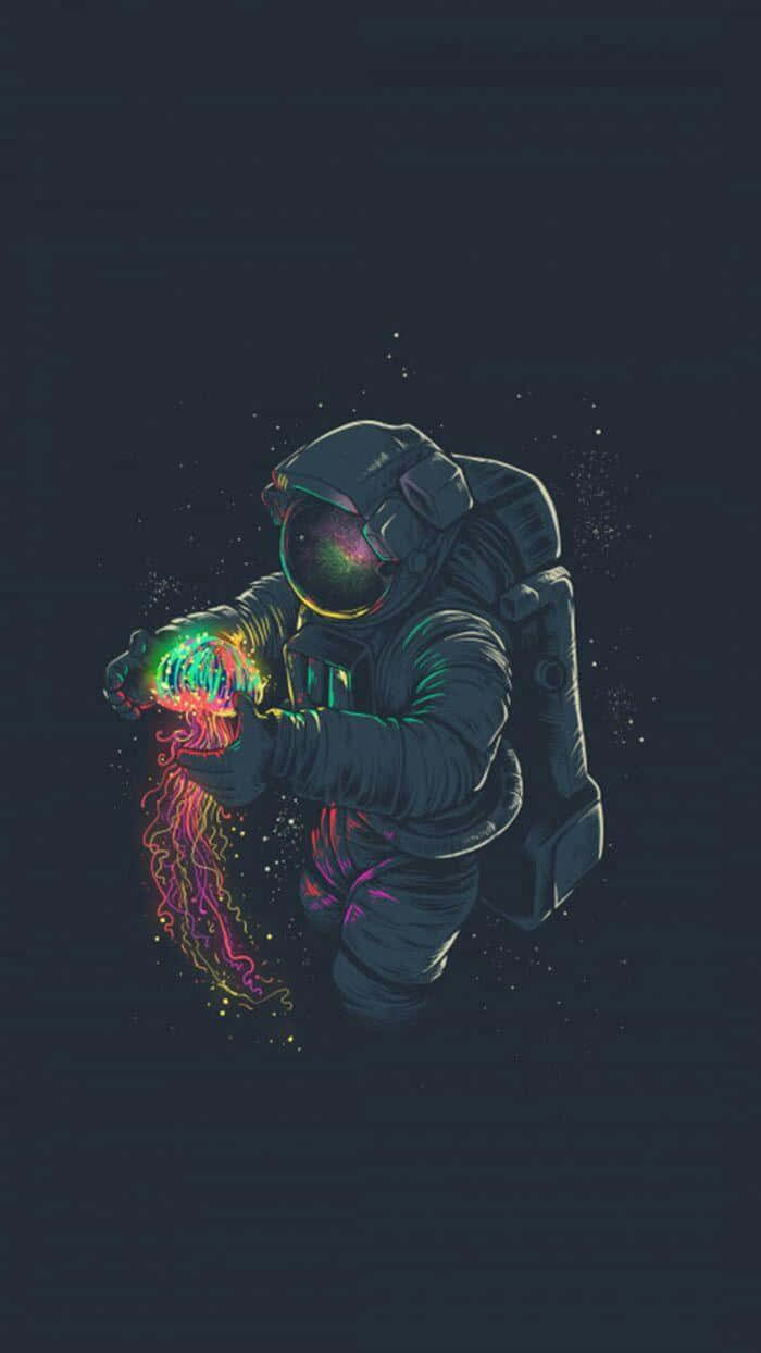 interesting 桌布 壁紙 — 一名身穿深色太空衣的太空人，在繁星點點的宇宙背景下，輕輕懷抱著一個發光的霓虹水母。