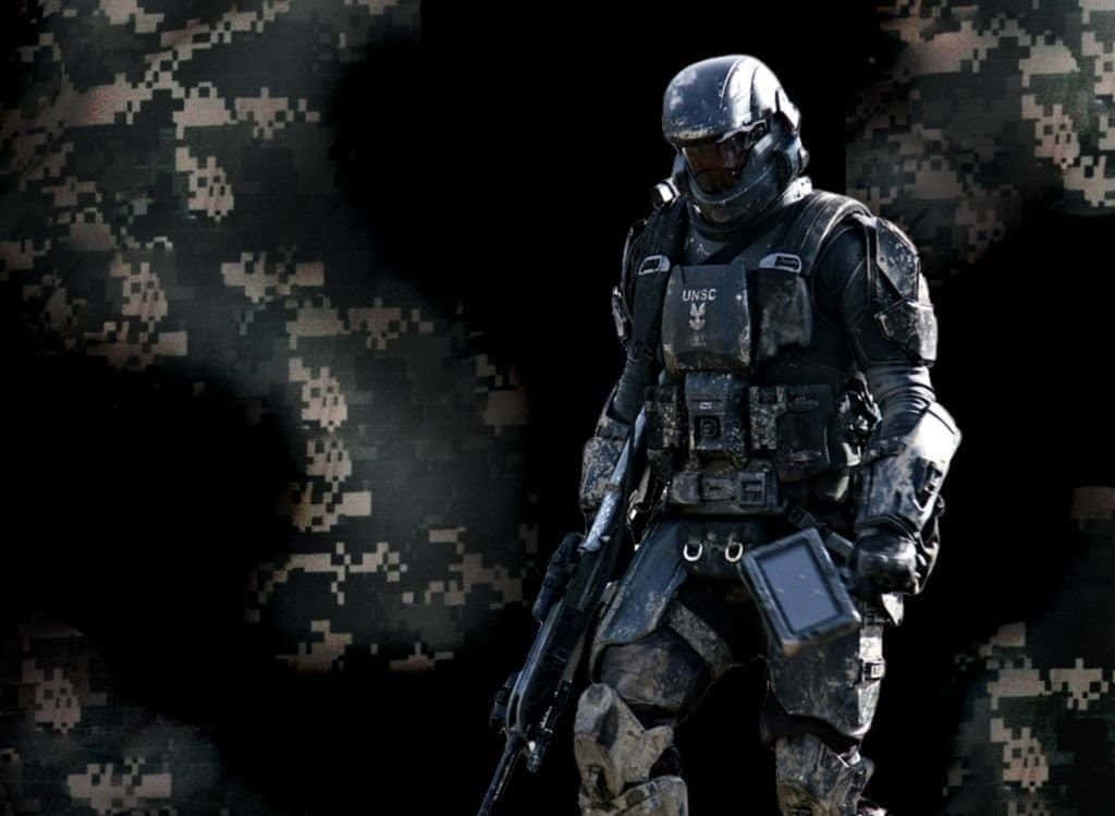soldier 桌布 壁紙 — 一名身穿深色戰術裝備的士兵，手持步槍，站在像素化迷彩背景前。