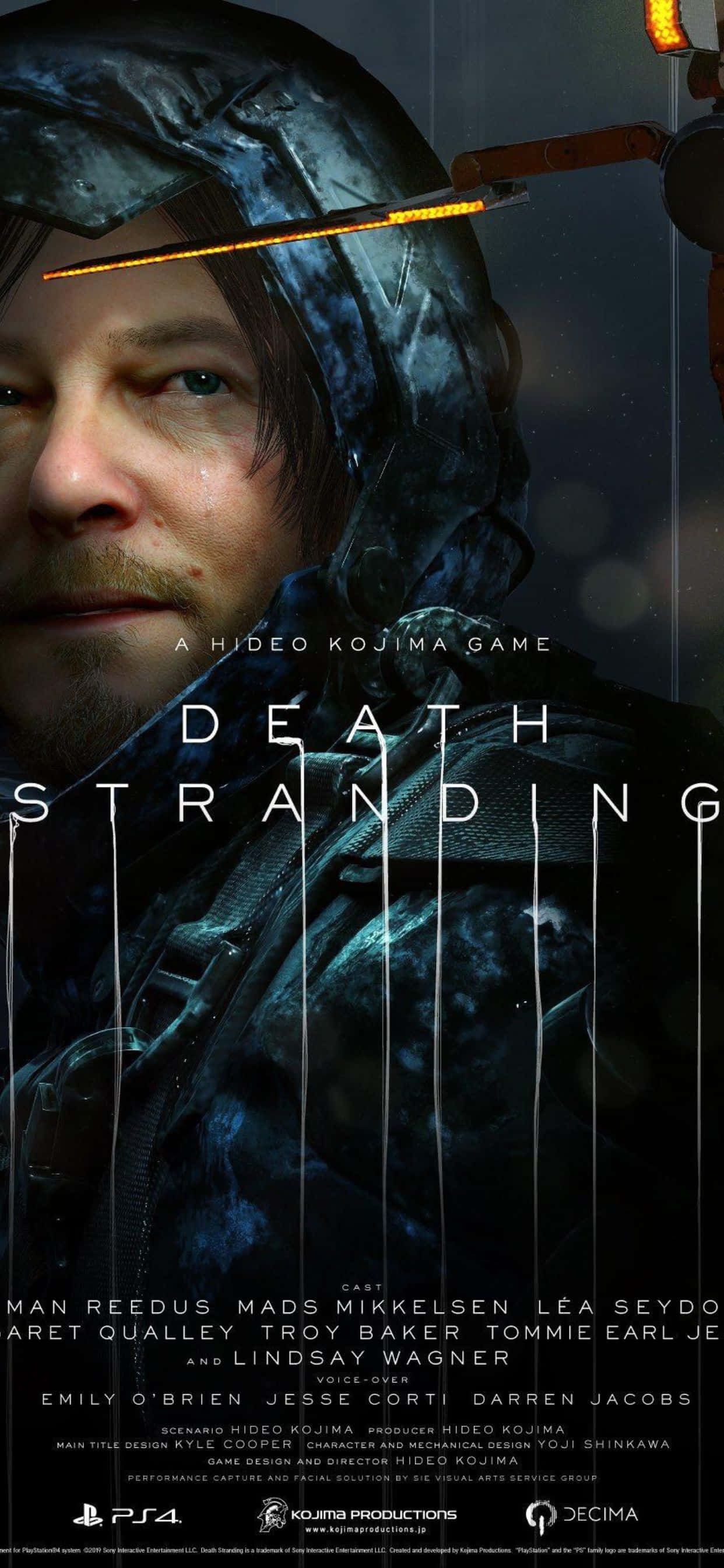 iPhone Xs Max Death Stranding 桌布 壁紙 — 一名身穿深色戰術裝備的男子特寫，一把發光的橙色刀刃劃過他的臉龐，背景陰暗低沉。