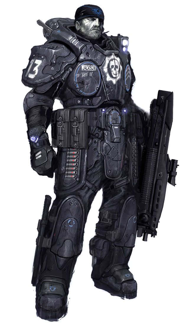 Gears Of War Ultimate Edition 桌布 壁紙 — 一名身穿深色戰術裝備的重裝士兵，手持未來感武器，帶有發光的藍色點綴，準備就緒。
