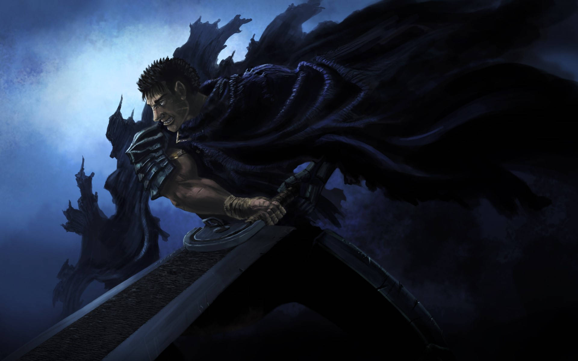 Berserk Guts 桌布 壁紙 — 一名身穿深色服裝的戰士，在暴風雨般的藍色背景下握著一把巨大的劍，表情兇狠。