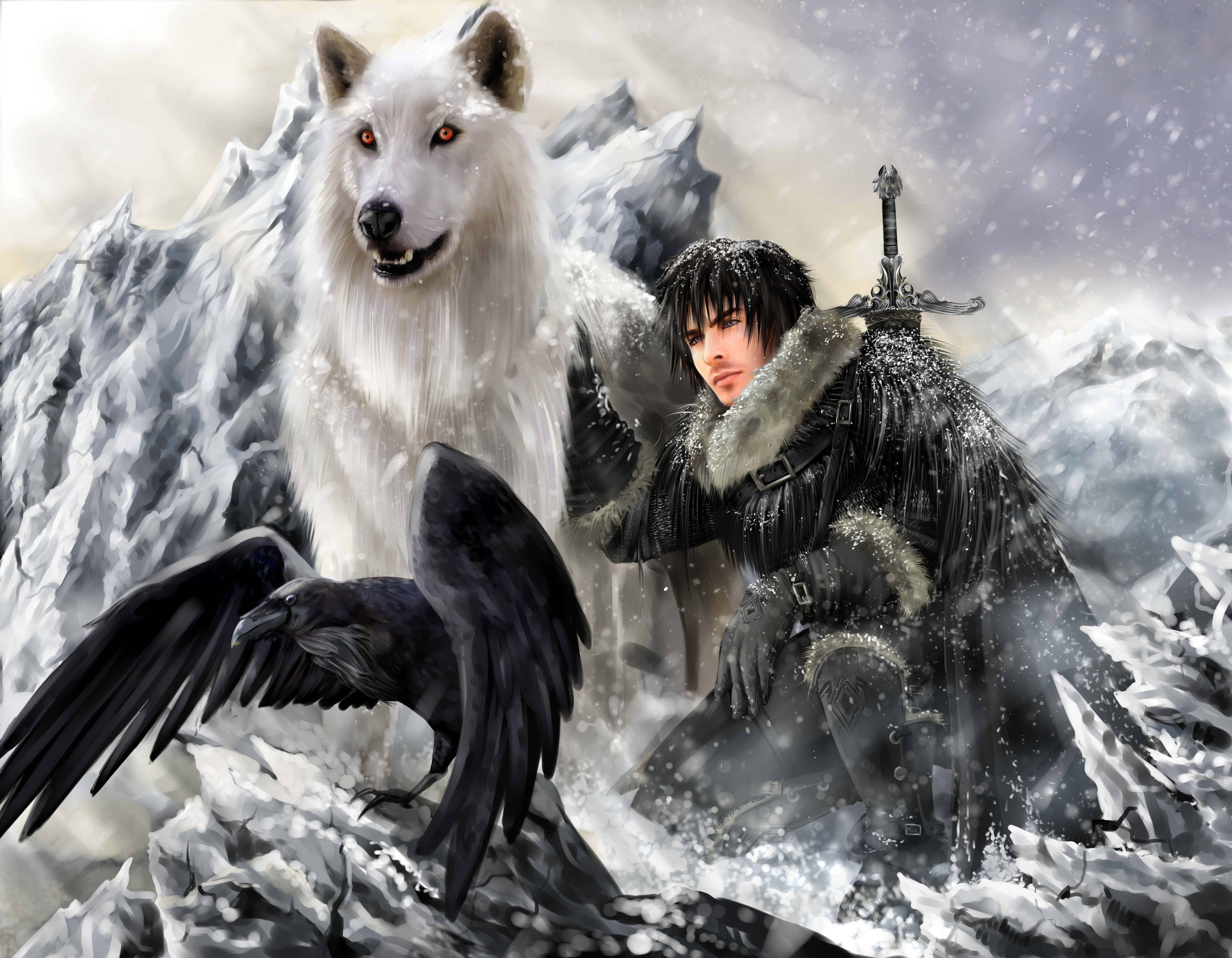 Dire Wolf 桌布 壁紙 — 一名身穿深色毛皮盔甲的戰士跪在雄偉的白狼和黑烏鴉旁邊，背景是風暴天空下的雪山頂。