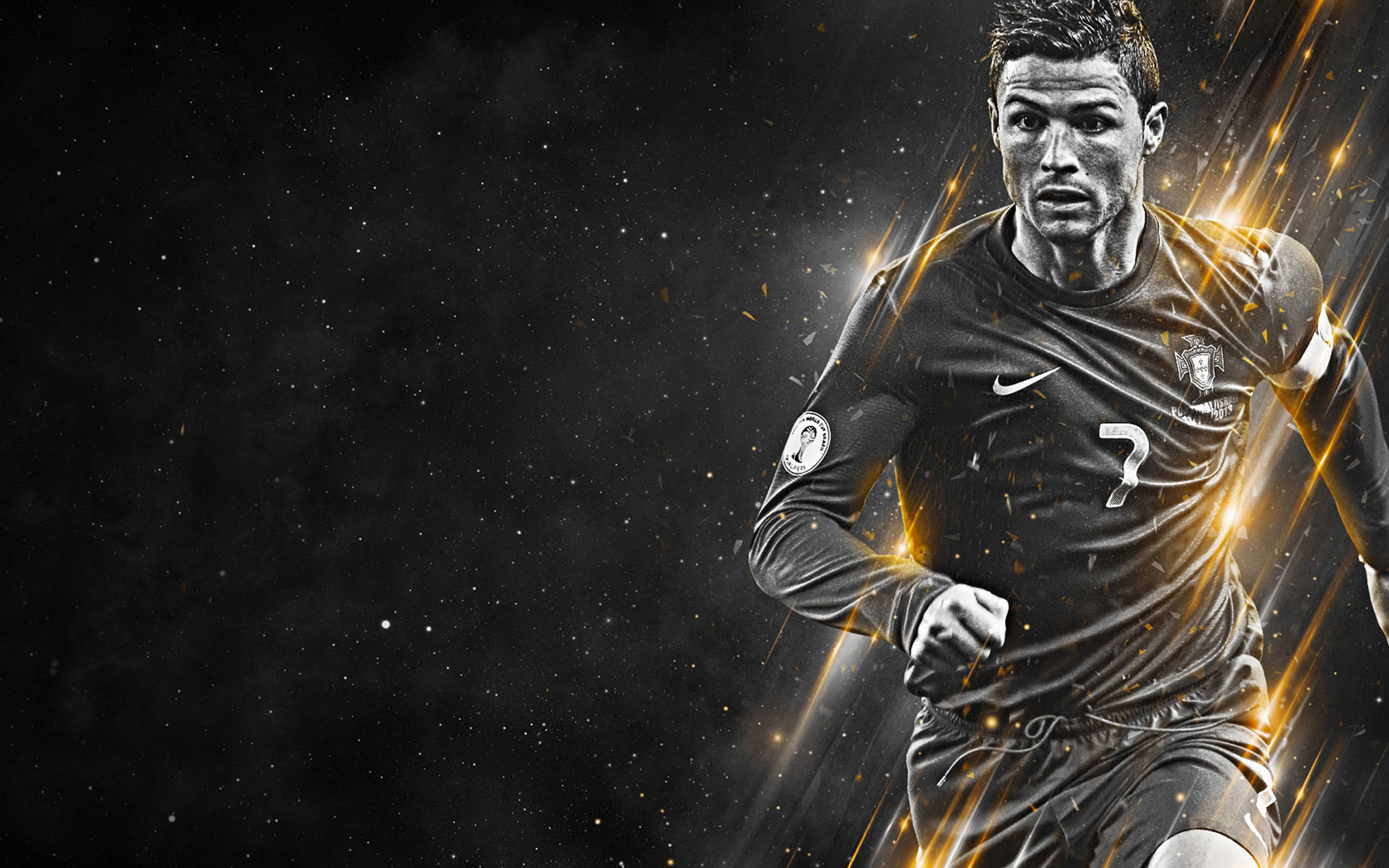 Ronaldo 桌布 壁紙 — 一名身穿深色球衣的動感足球運動員在星光閃爍的黑色背景上向前衝刺，伴隨著耀眼的金色條紋。