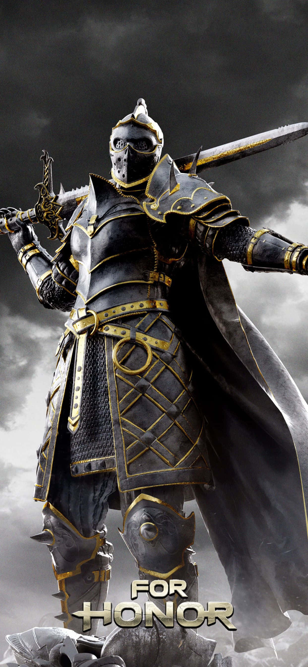 iPhone Xs Max For Honor 桌布 壁紙 — 一名身穿深色盔甲、帶有金色點綴的戰士，手持劍與匕首，挑釁地站在風暴天空下。