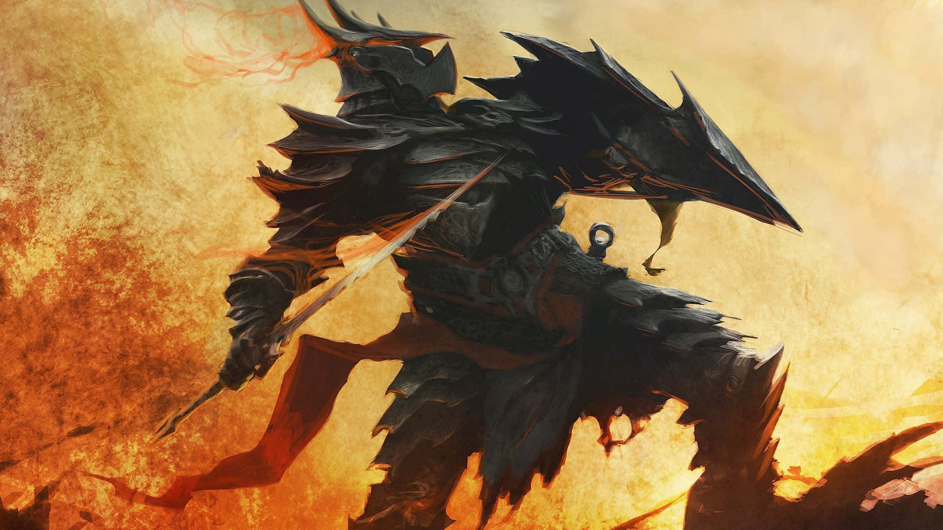 Skyrim Daedric 桌布 壁紙 — 一名身穿深色盔甲、頭戴尖刺頭盔、披著紅色斗篷的戰士，在火熱的橙色和黃色紋理背景中向前衝鋒。