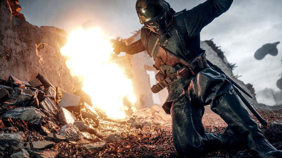 soldier 桌布 壁紙 — 一名身穿深色裝備的士兵在戰火摧殘的城市戰場中，於瓦礫和爆炸之間開火。
