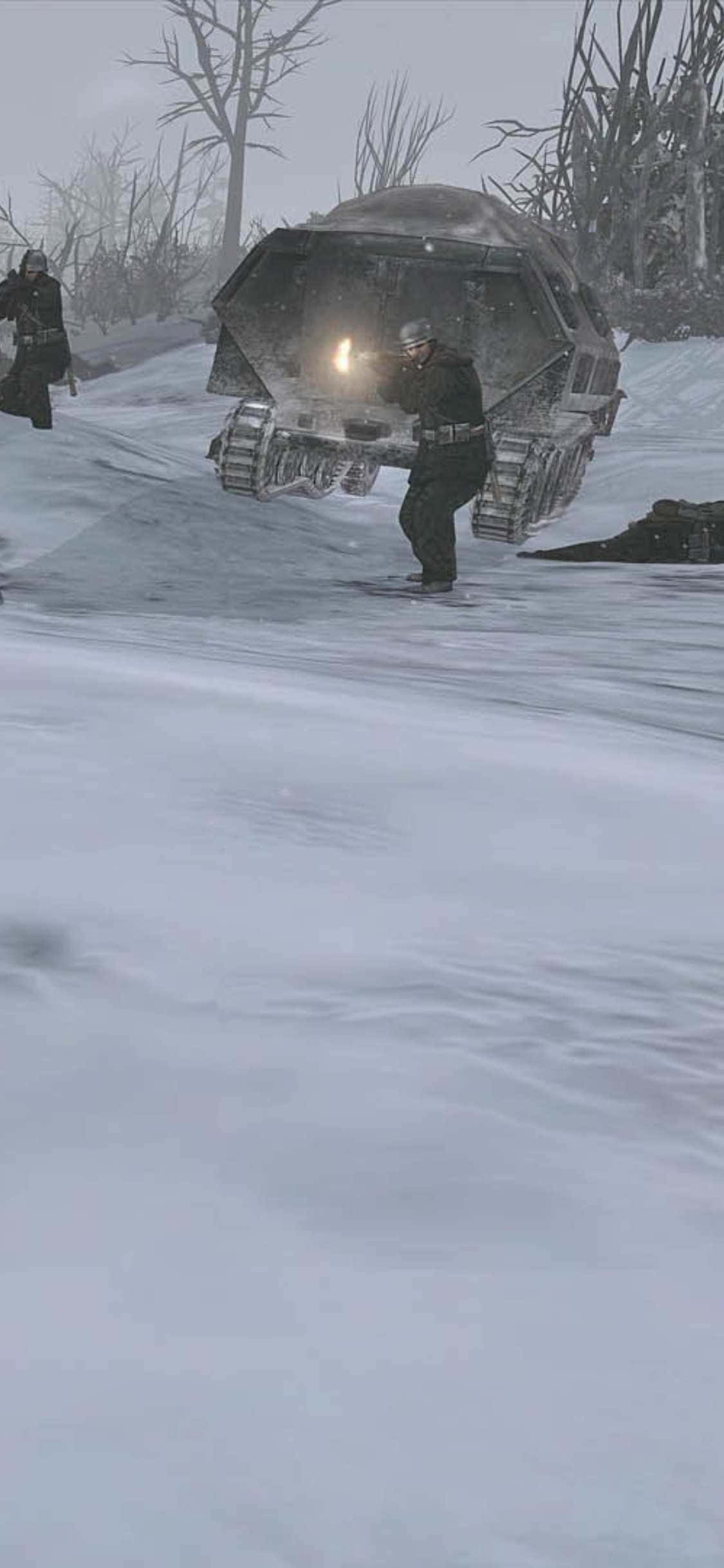 Man 桌布 壁紙 — 一名身穿深色裝備的士兵在灰色冬日天空下，於深雪中推動一輛履帶裝甲車。
