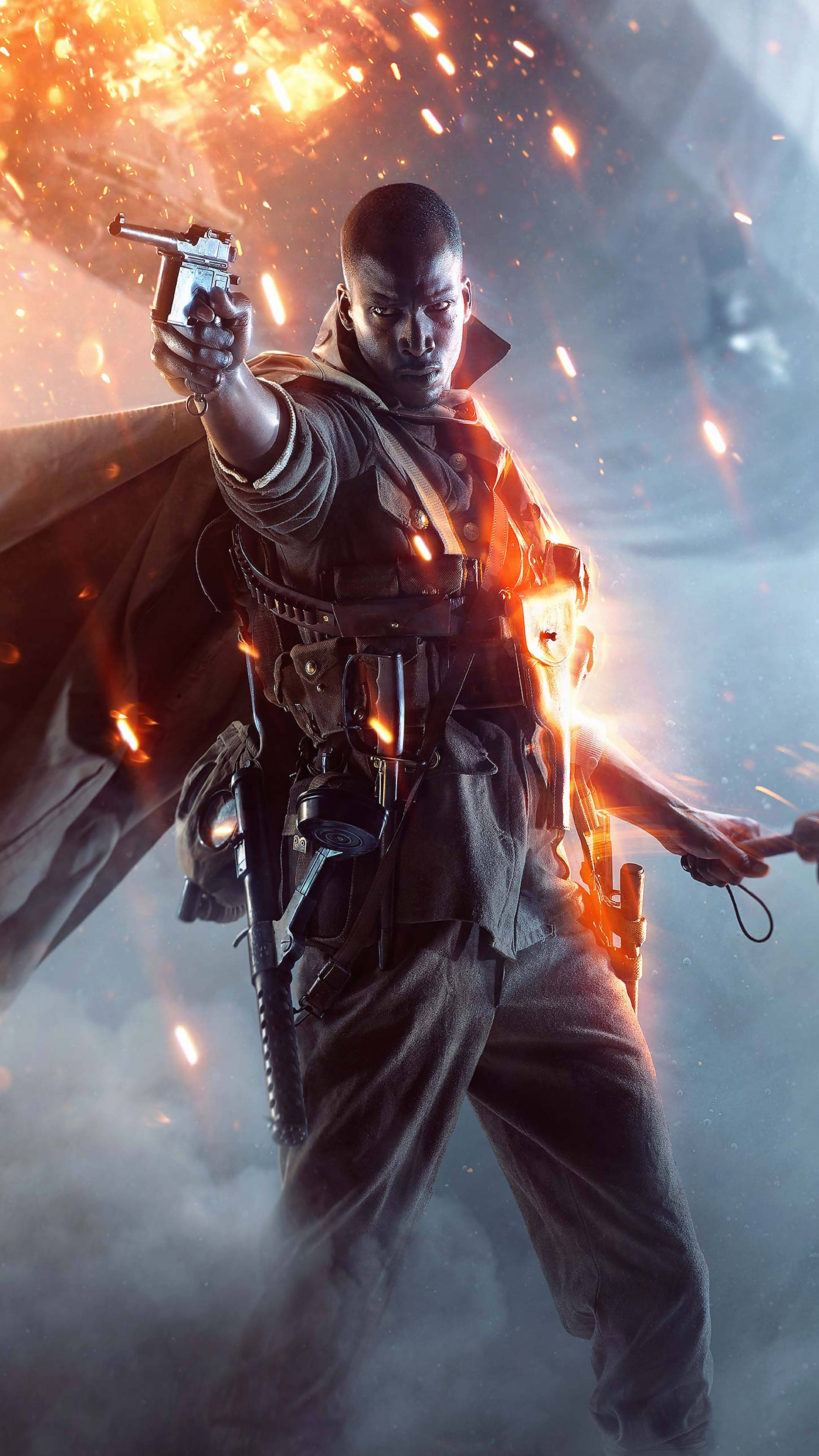 Battlefield 桌布 壁紙 — 一名身穿深色裝備的士兵在煙霧瀰漫的戰場上開槍，火花四濺。
