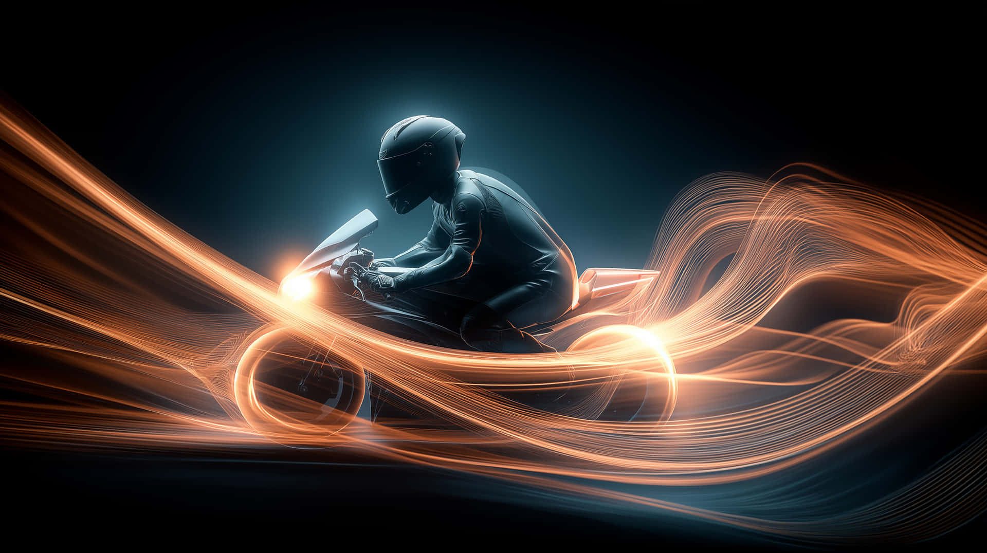Motorcyclist Silhouette with Dynamic Light Trails 壁紙 — 一名身穿深色裝備的摩托車手，騎著發光的摩托車穿過旋轉的橙色光軌，背景是深藍色。