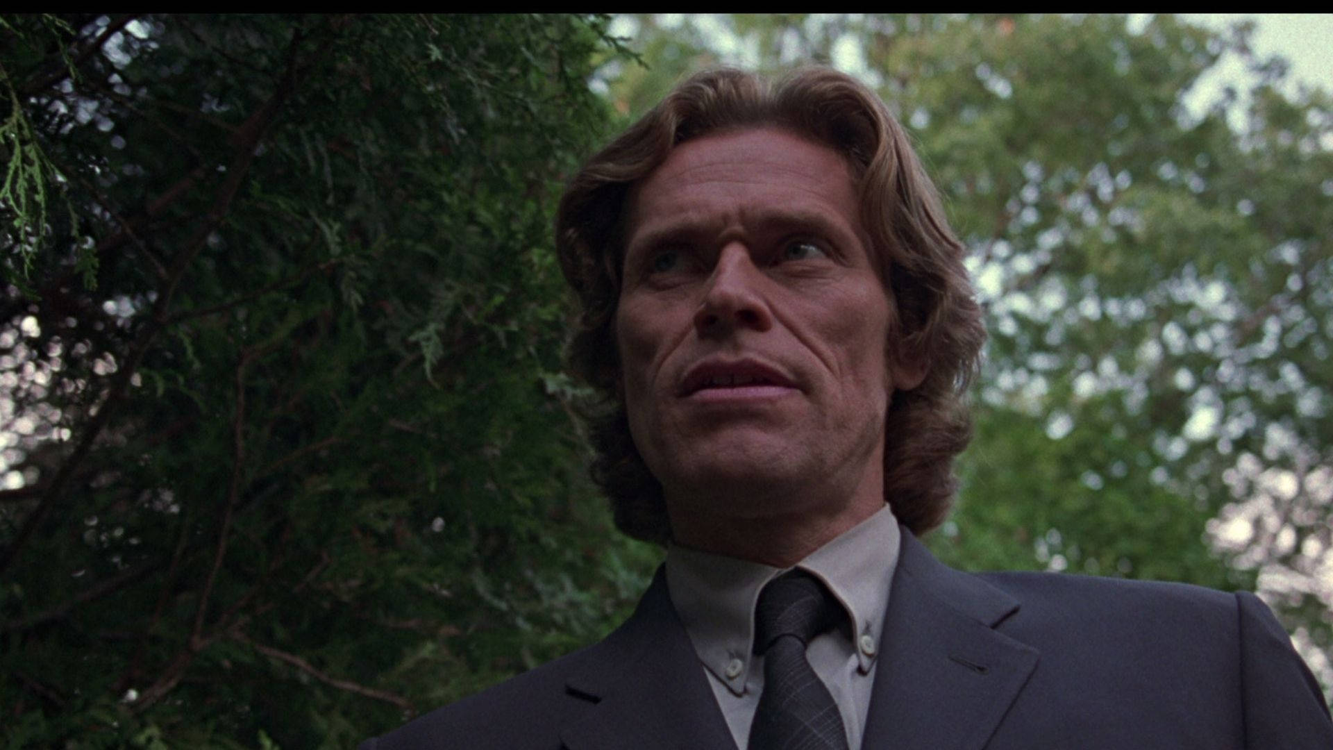 Willem Dafoe 桌布 壁紙 — 一名身穿深色西裝及領帶的男子，在茂密綠色樹葉背景下，抬頭露出吃驚的表情。