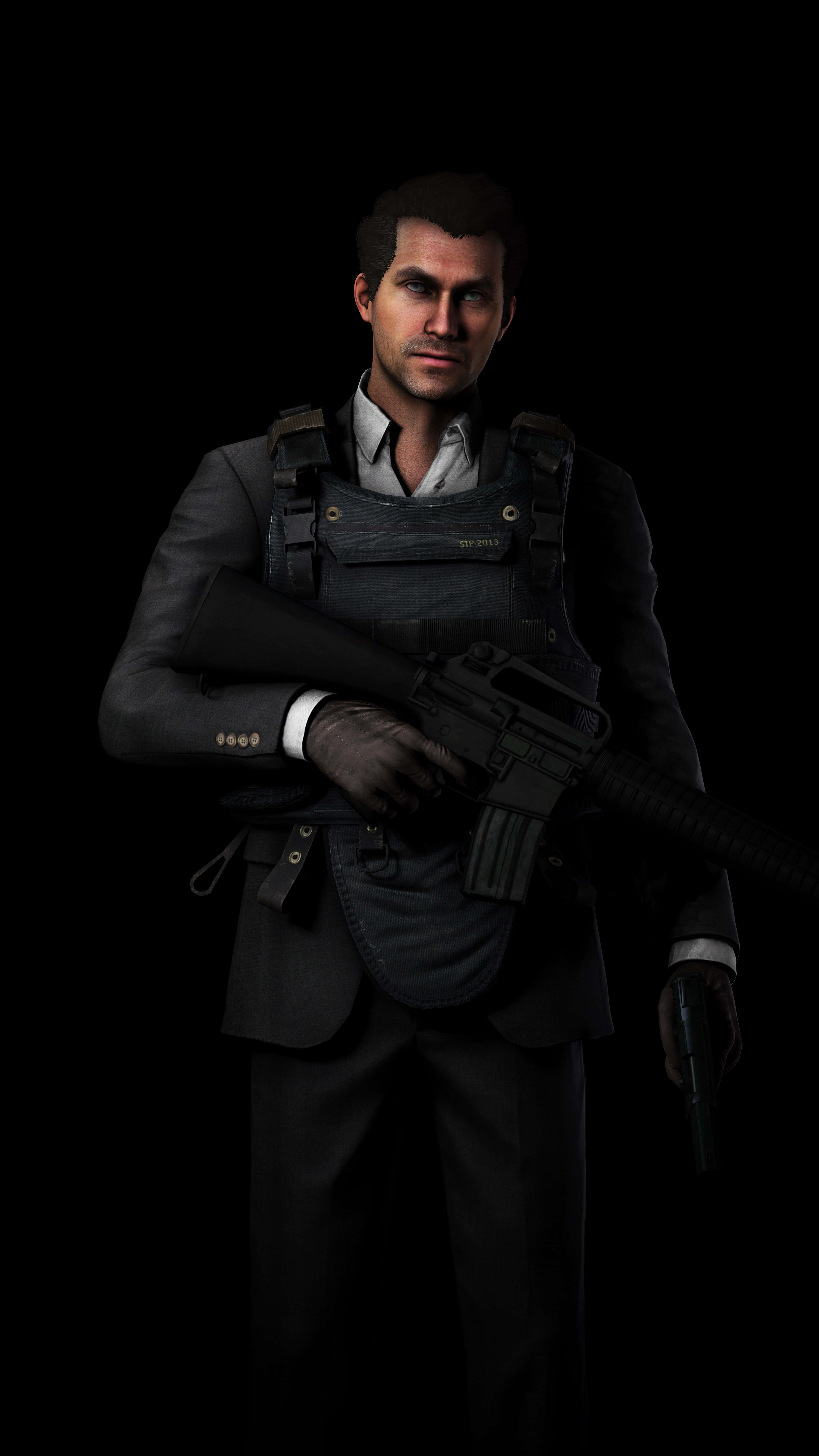 Call Of Duty Vladimir Makarov 桌布 壁紙 — 一名身穿深色西裝和戰術背心的男子，在黑色背景前手持突擊步槍和手槍。
