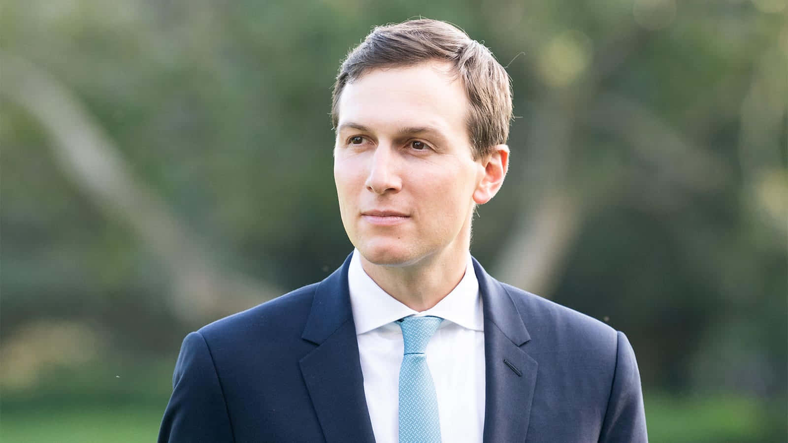 政治 桌布 壁紙 — 一名身穿深色西裝和淺藍色領帶的男子站在戶外，身後有模糊的綠色樹葉。