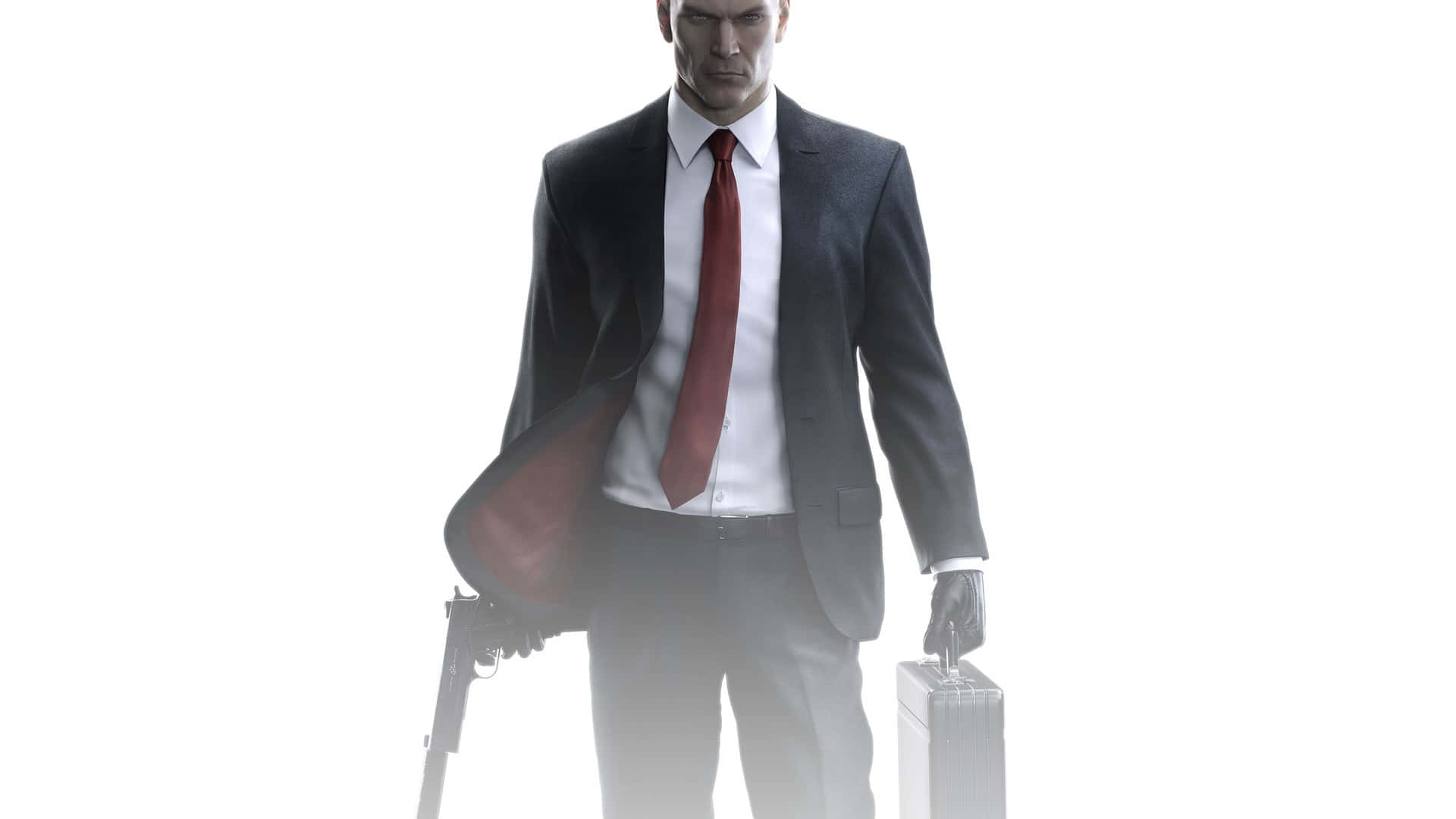 1920x1080 Hitman 2 桌布 壁紙 — 一名身穿深色西裝和紅色領帶的男子，在純白色背景前手持槍支和公事包。