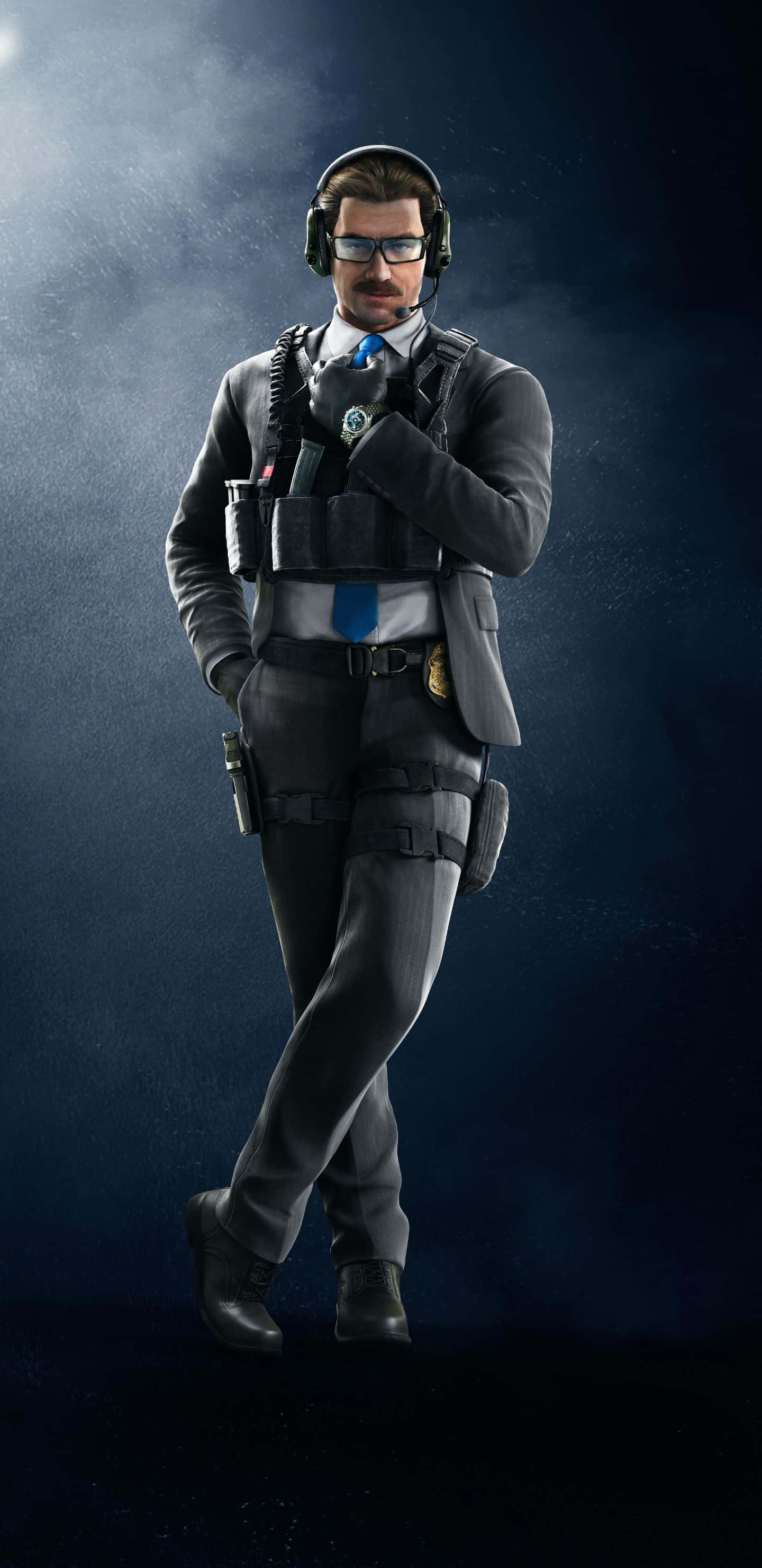 Pixel 3xl Rainbow Six Siege 桌布 壁紙 — 一名身穿深色西裝和耳機的戰術特工，在煙霧繚繞的藍色背景前，在戲劇性燈光下自信地站立。