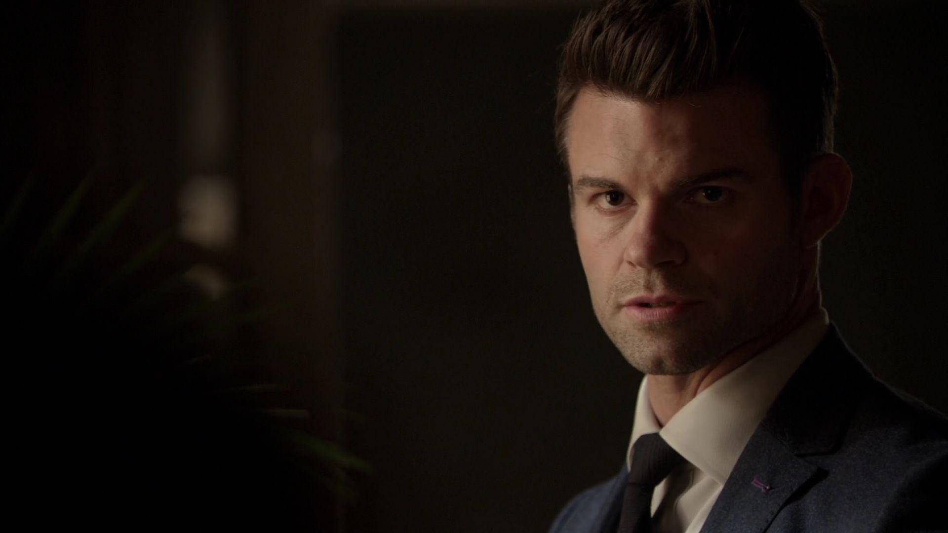 elijah mikaelson 桌布 壁紙 — 一名身穿深色西裝的男子在光線昏暗的房間中專注地凝視，前景有柔和的陰影和模糊的植物。