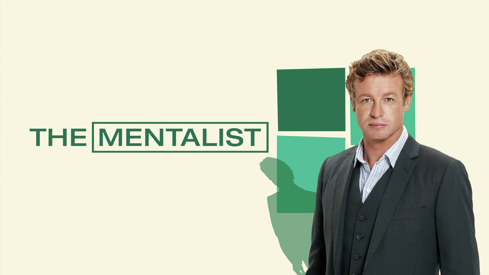 演員西蒙·貝克身穿西裝站在「The Mentalist」標題圖形旁邊。 — 神秘 壁紙