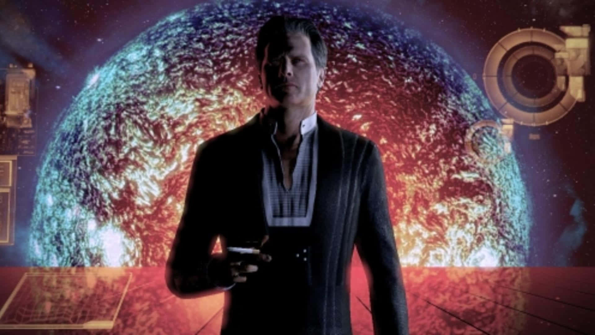 Illusive Man 桌布 壁紙 — 一名身穿深色西裝的男子站在一個發光的行星前，行星帶有火紅的極光和未來感的UI疊加層，場景為科幻設定。