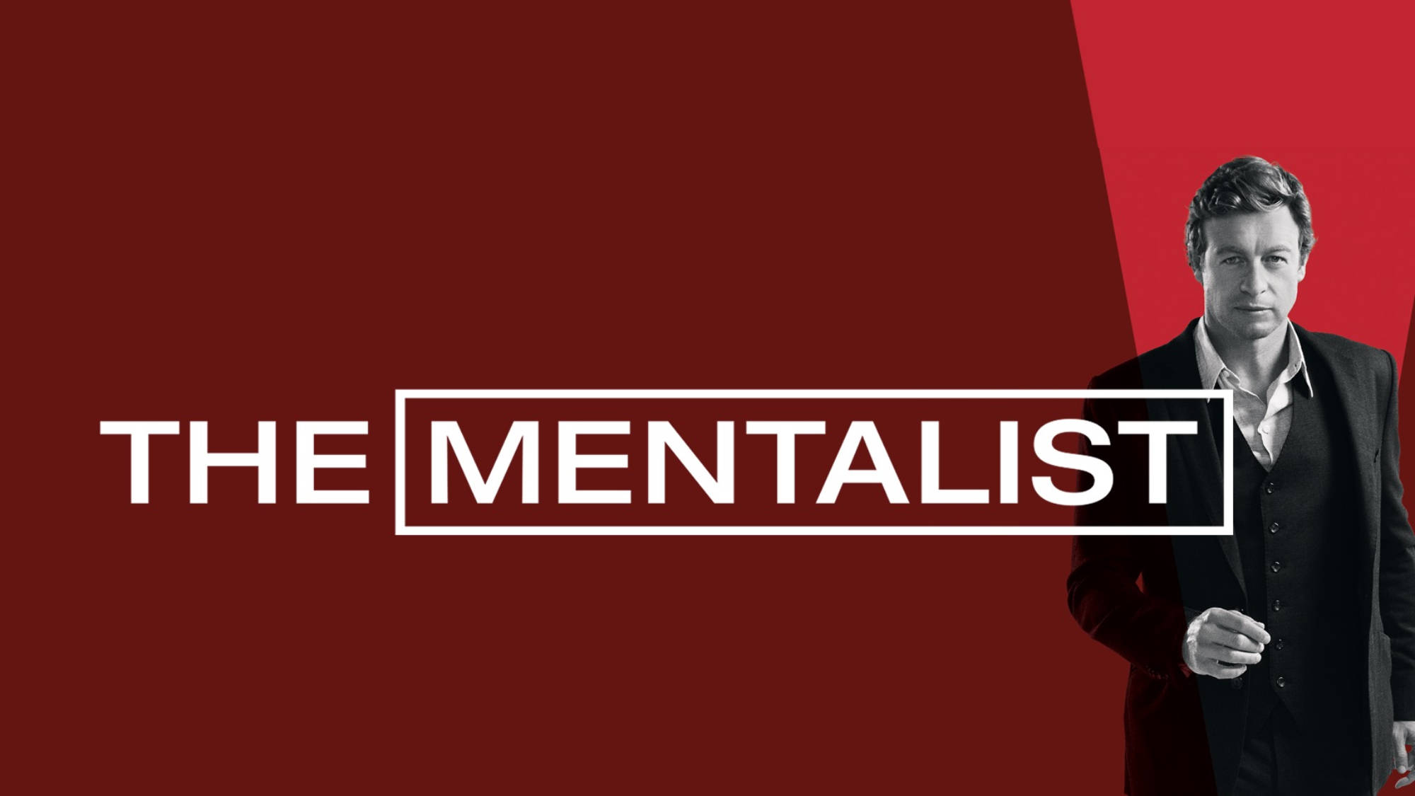 Entertainment 桌布 壁紙 — 一名身穿深色西裝的男子站在粗體白色文字「THE MENTALIST」旁邊，背景為深紅色。