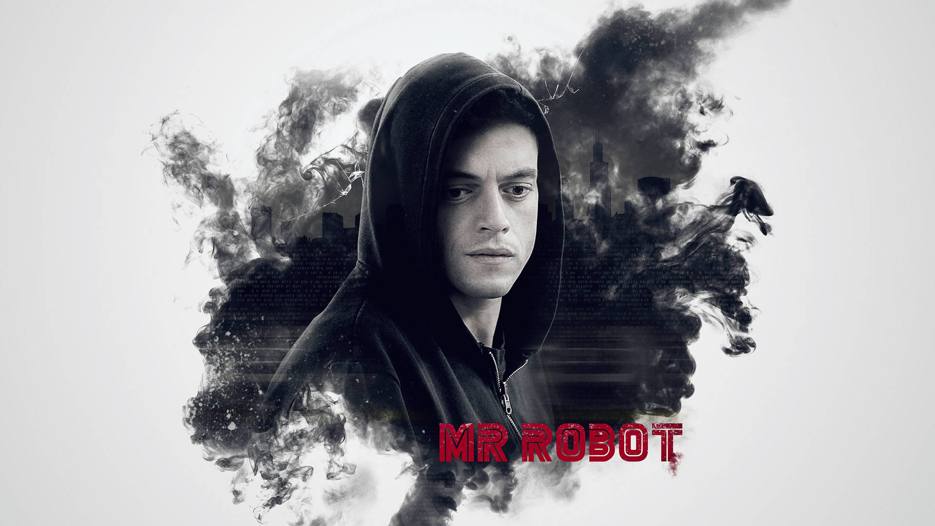 Mr Robot 桌布 壁紙 — 一名身穿深色連帽衫的男子從旋轉的煙霧中出現，背後是城市天際線，下方有紅色「MR ROBOT」文字。