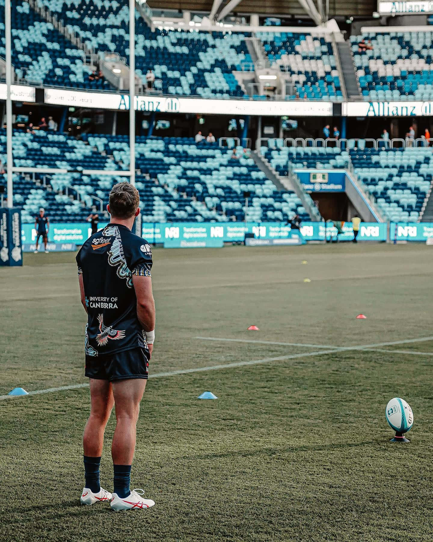 Brumbies 桌布 壁紙 — 一名身穿深藍色球衣的橄欖球運動員獨自站在綠色球場上，身後是空無一人的藍色體育館座位。