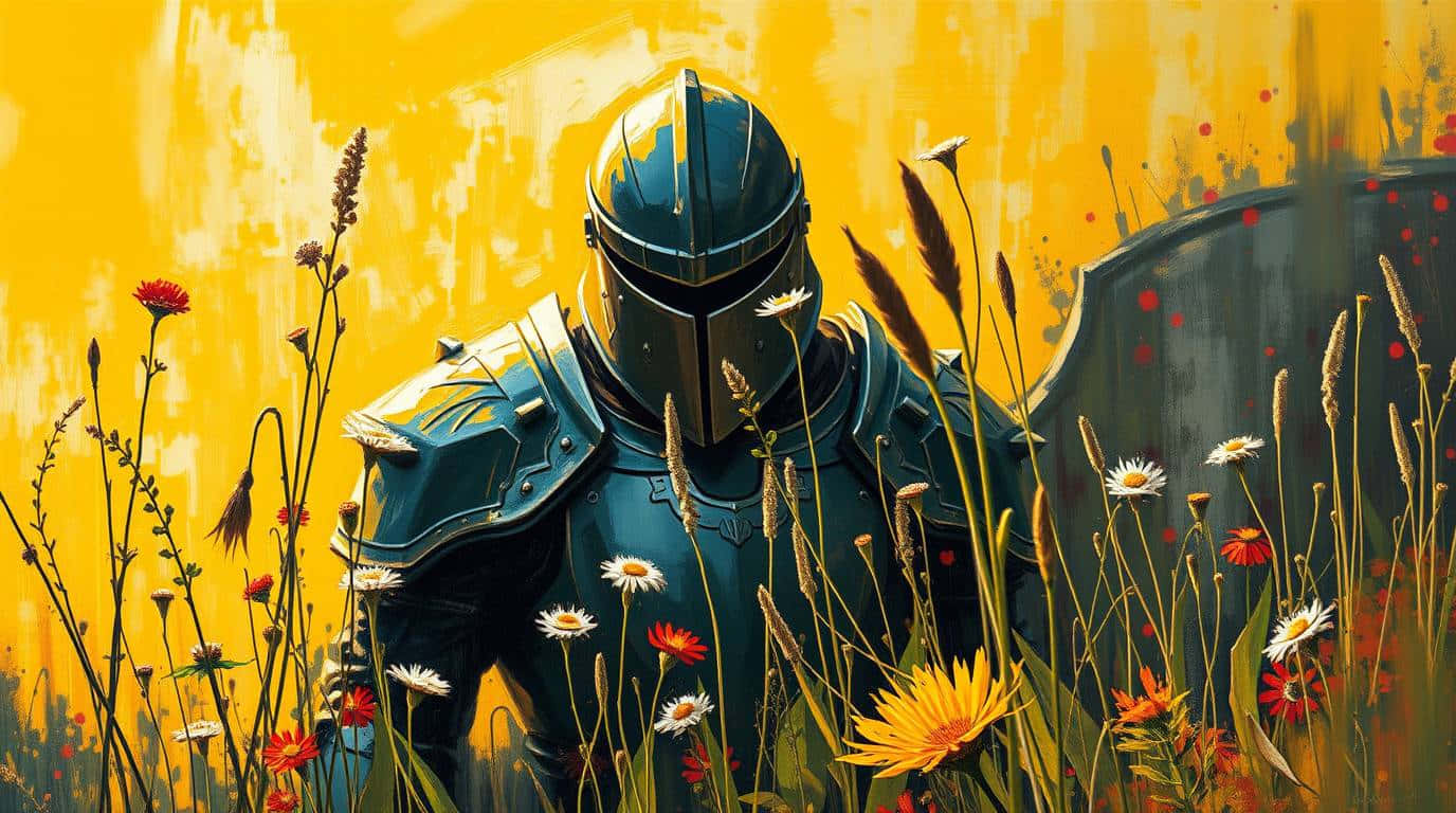 Knight in a Vibrant Field 壁紙 — 一名身穿深藍色盔甲的騎士站在高高的草叢和野花中，背景是鮮黃色。