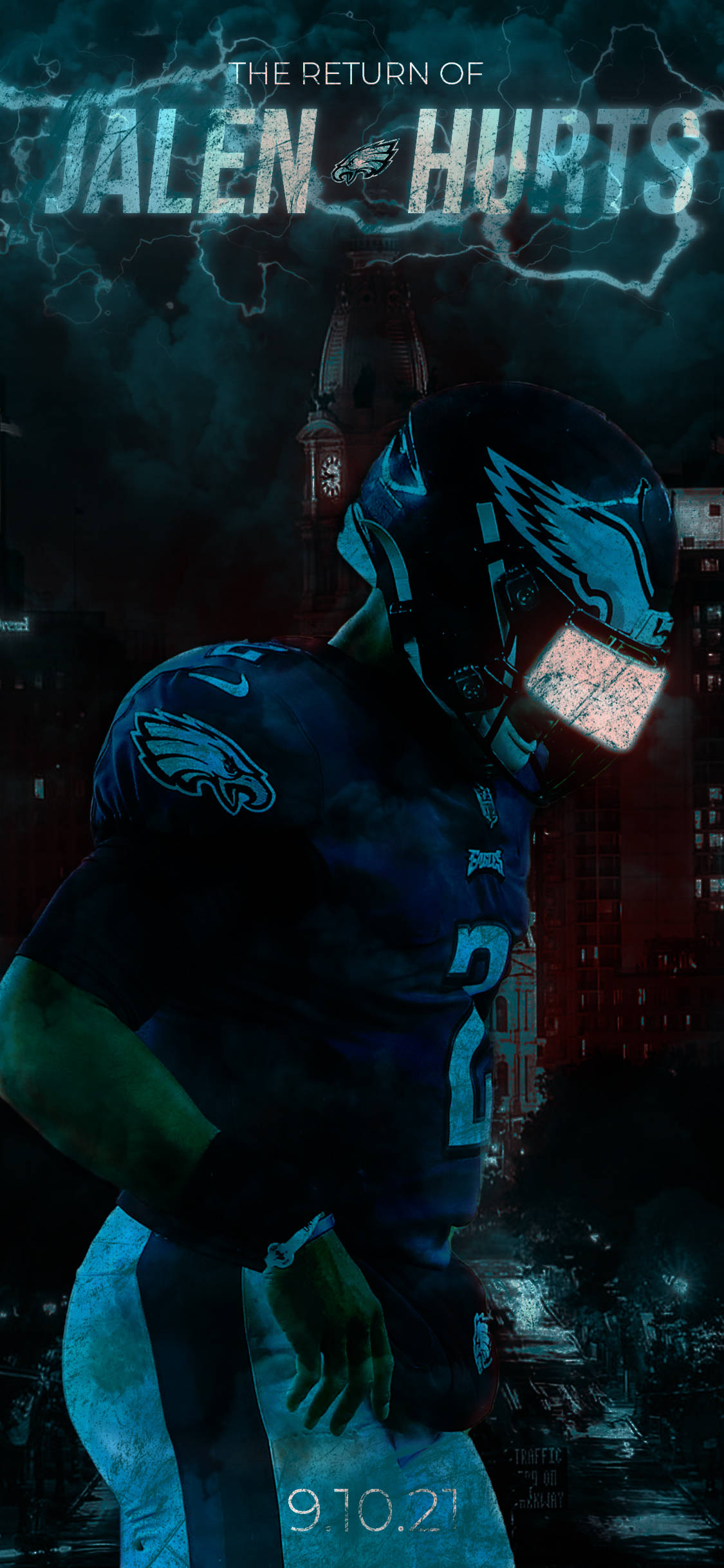 Jalen Hurts Eagles 桌布 壁紙 — 一名身穿深藍色老鷹隊球衣的足球員，在暴風雨的城市景觀中，伴隨著閃電和發光的文字，宣告他的回歸。