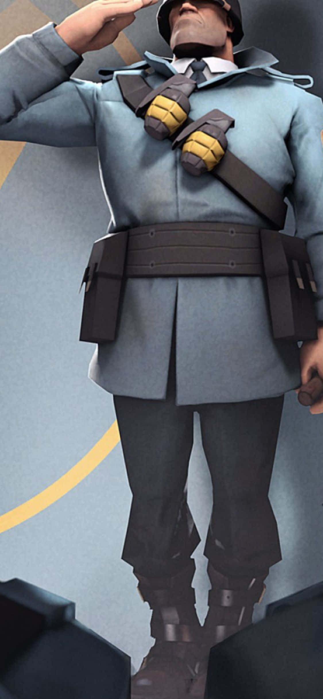iPhone Xs Team Fortress 2 桌布 壁紙 — 一名身穿淺藍色制服、戴著手套的風格化士兵在敬禮，腰間繫著皮帶，手持手榴彈。