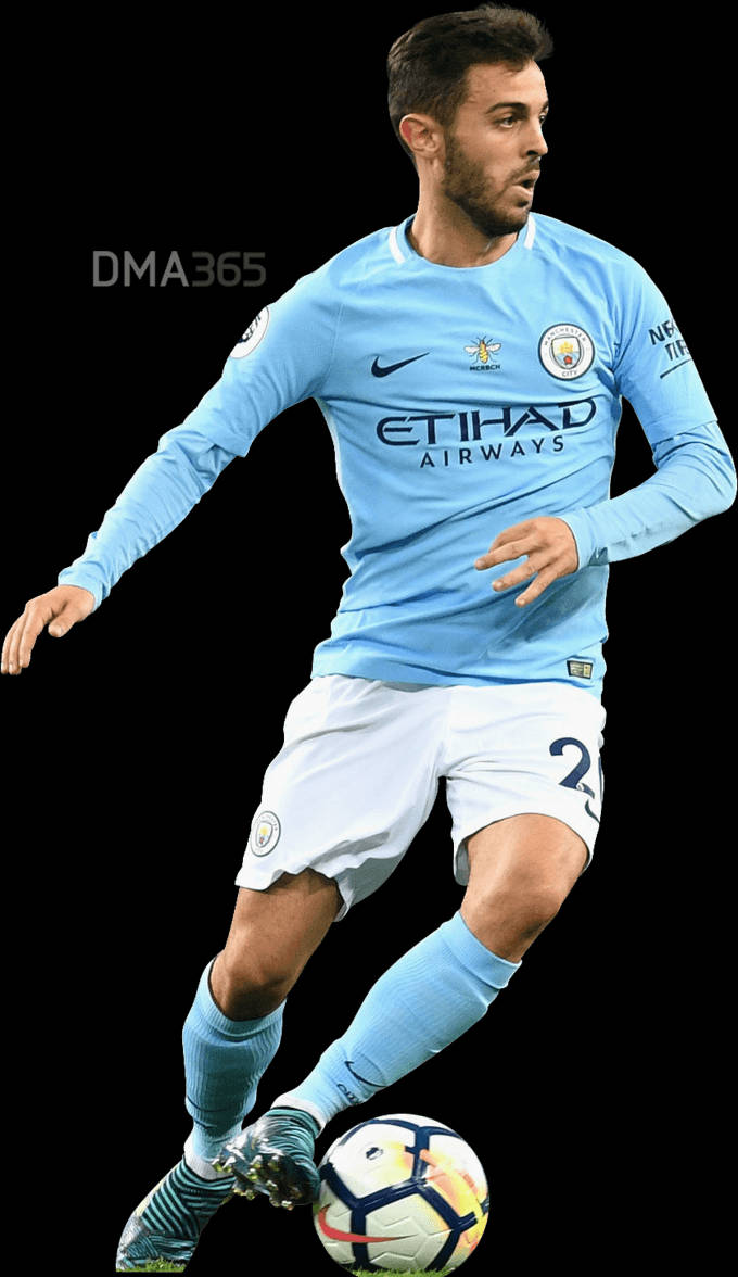 Bernardo Silva 桌布 壁紙 — 一名身穿淺藍色曼城球衣的足球員在黑色背景前盤帶一個色彩繽紛的足球。