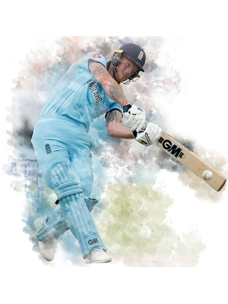 England Cricket 桌布 壁紙 — 一名身穿淺藍色英格蘭球衣的板球運動員在動態水彩潑濺效果中揮動球棒擊球。