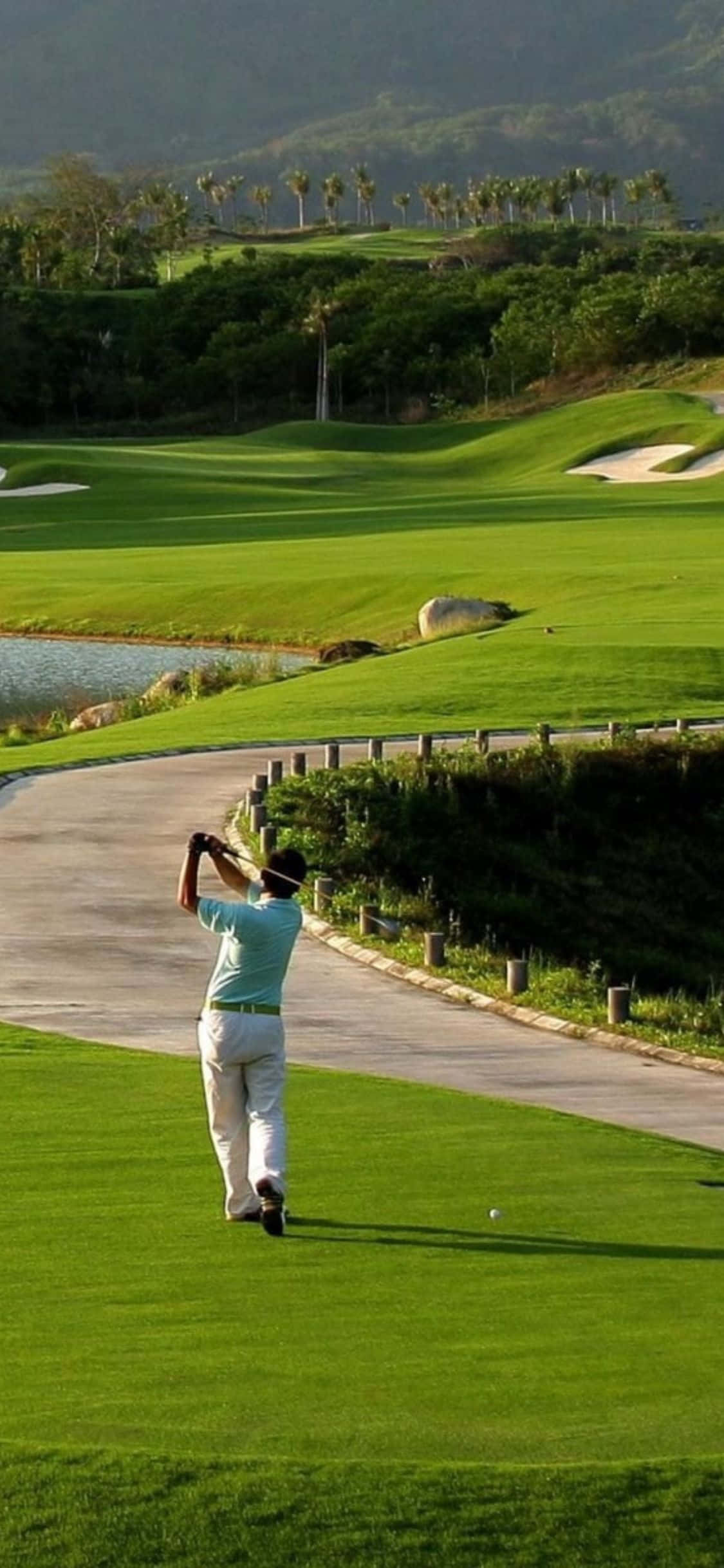 iPhone X Golf Course 桌布 壁紙 — 一名身穿淺藍色襯衫的高爾夫球手在陽光明媚的綠茵球場上揮桿，球場有起伏的球道、棕櫚樹和遠山。