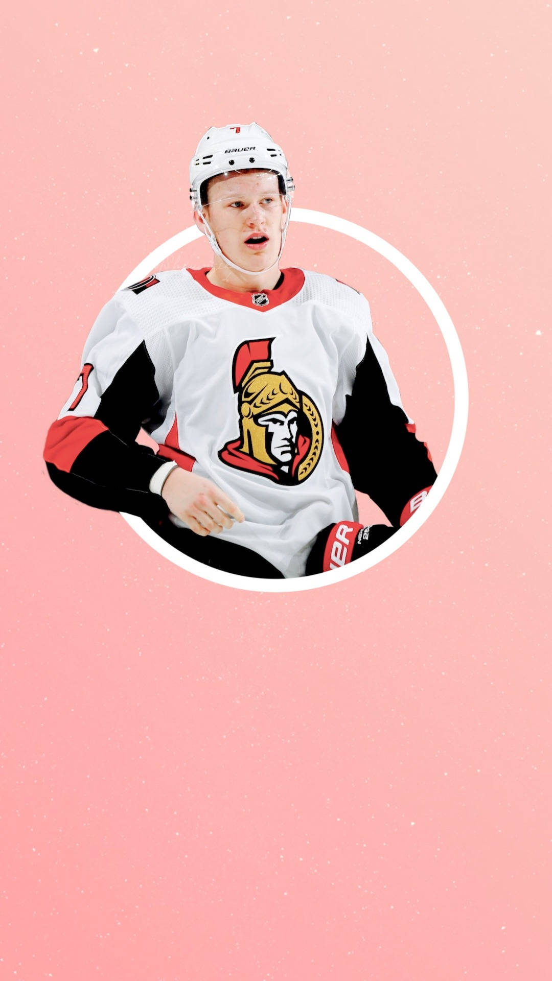 hockey 桌布 壁紙 — 一名身穿渥太華參議員隊球衣的冰球運動員被框在一個白色圓圈內，背景是柔和的粉紅色斑點。