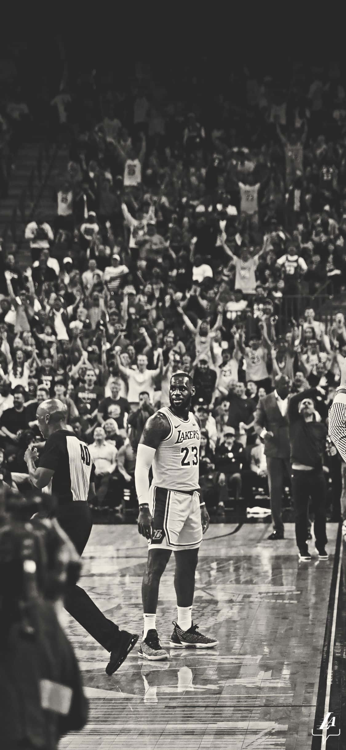 Aesthetic NBA 桌布 壁紙 — 一名身穿湖人隊球衣的籃球運動員站在球場中央，明亮的場館燈光下，滿座的觀眾在歡呼。