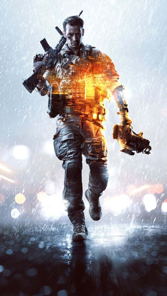 Pixel 3xl Battlefield V 桌布 壁紙 — 一名身穿濕透裝備的士兵向前邁進，身上覆蓋著發光的橙色數位效果，背景是模糊的城市。