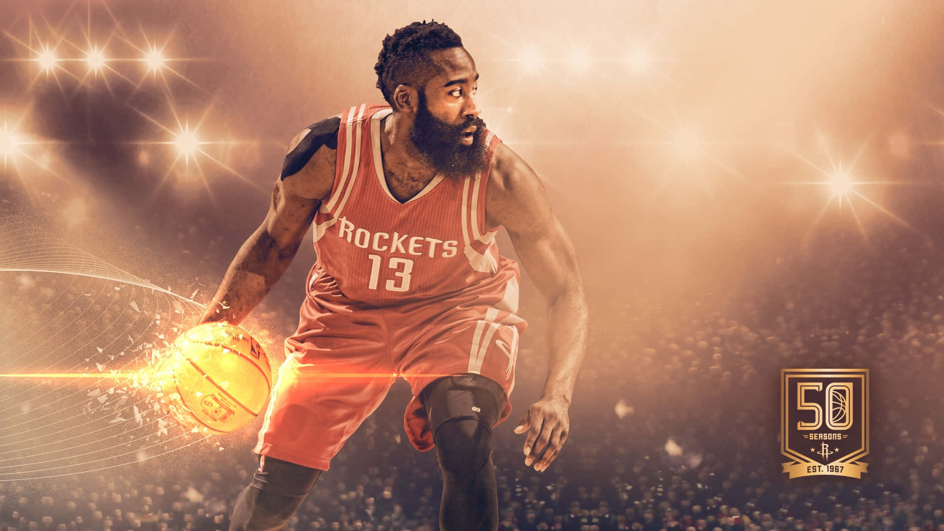 NBA 2k21 桌布 壁紙 — 一名身穿火箭隊球衣的籃球運動員在體育館燈光下運球，球體發光並帶有金色火花。