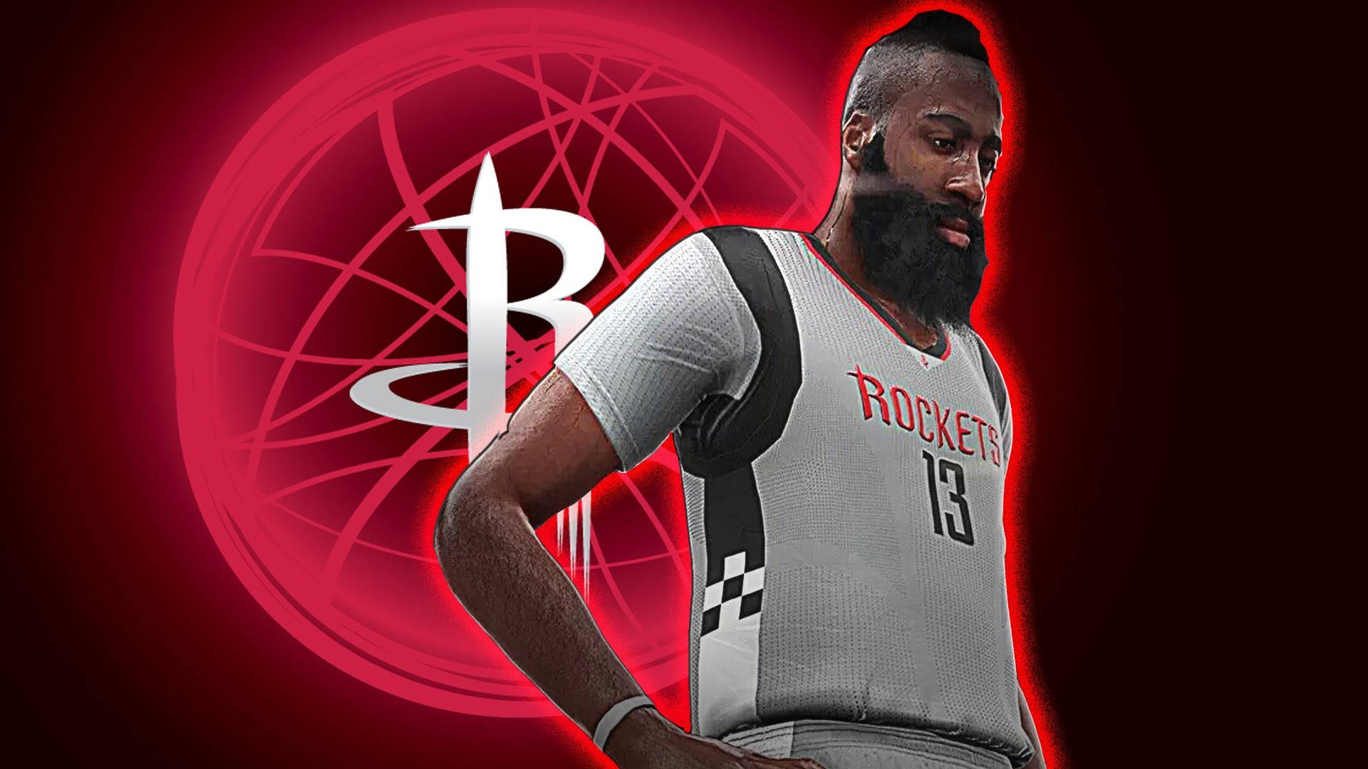 James Harden 桌布 壁紙 — 一名身穿火箭隊球衣的籃球運動員自信地站在發光的紅色球隊標誌背景前。