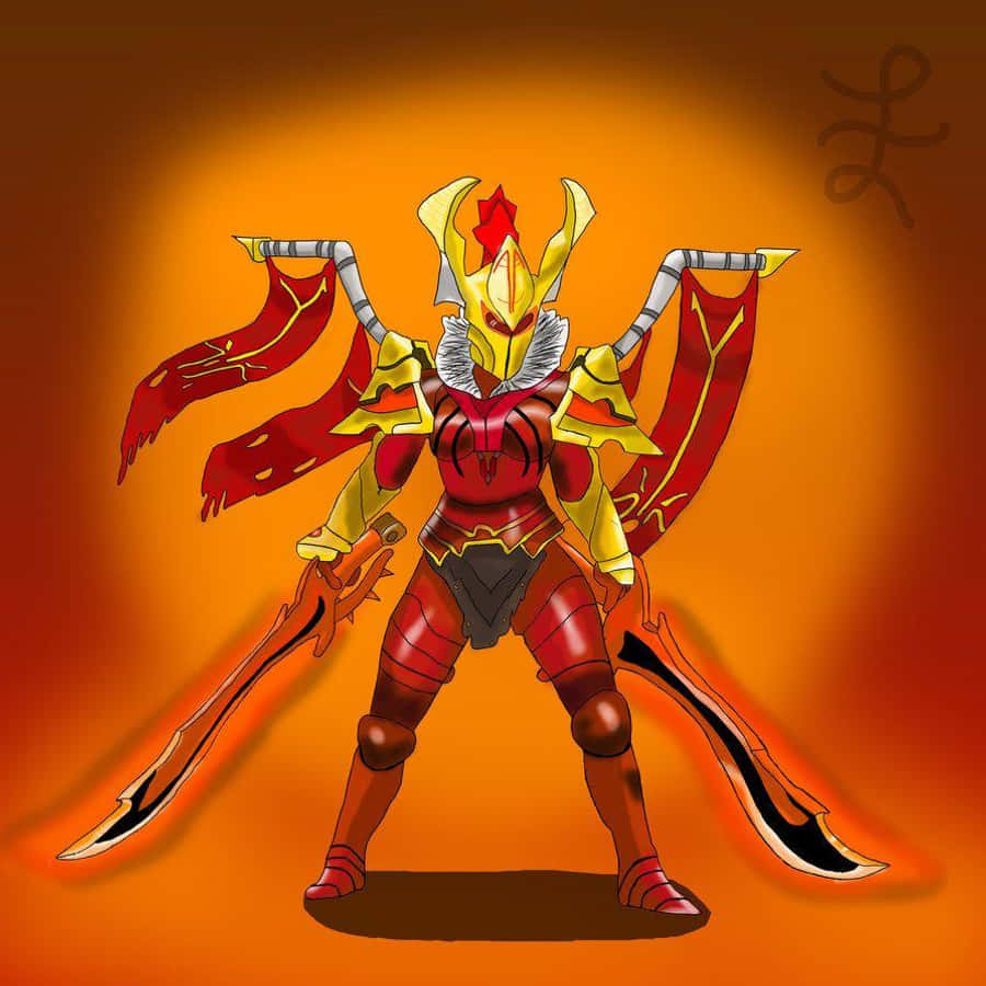 Legion Commander 桌布 壁紙 — 一名身穿火紅與金色盔甲、戴著翼盔、手持雙劍的戰士，在熾熱的橙色背景前蓄勢待發。