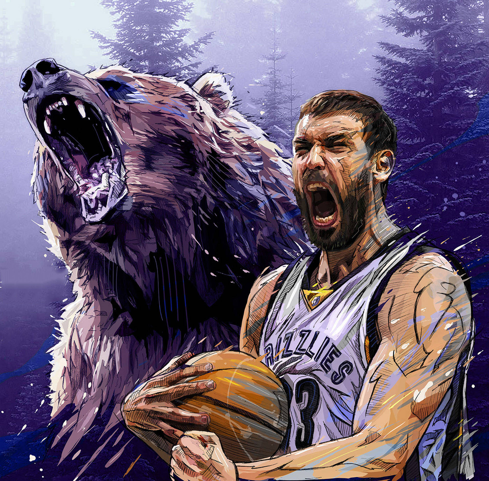 Marc Gasol 桌布 壁紙 — 一名身穿灰熊隊球衣的籃球運動員在風格化的森林場景中與一隻巨熊一起咆哮。